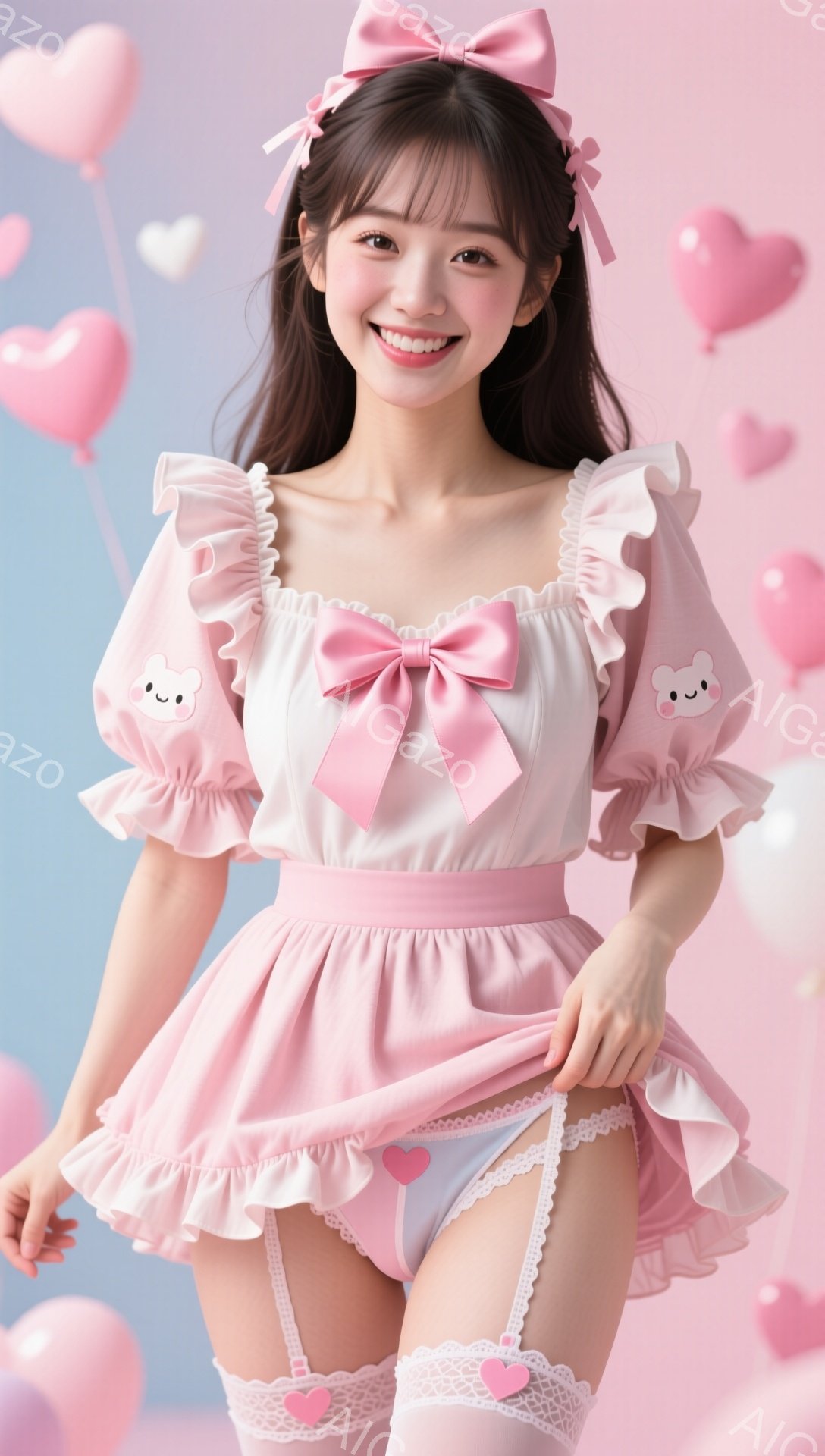 明るい青色の背景に、ピンク色のふわふわとした衣装を着た若い女性が写っています。彼女は微笑んでおり、髪はリボンで結ばれており、全体的に可愛らしい雰囲気です。ピンク色のハートの風船が背景に散りばめられており、愛らしい、夢のような空間を演出しています。