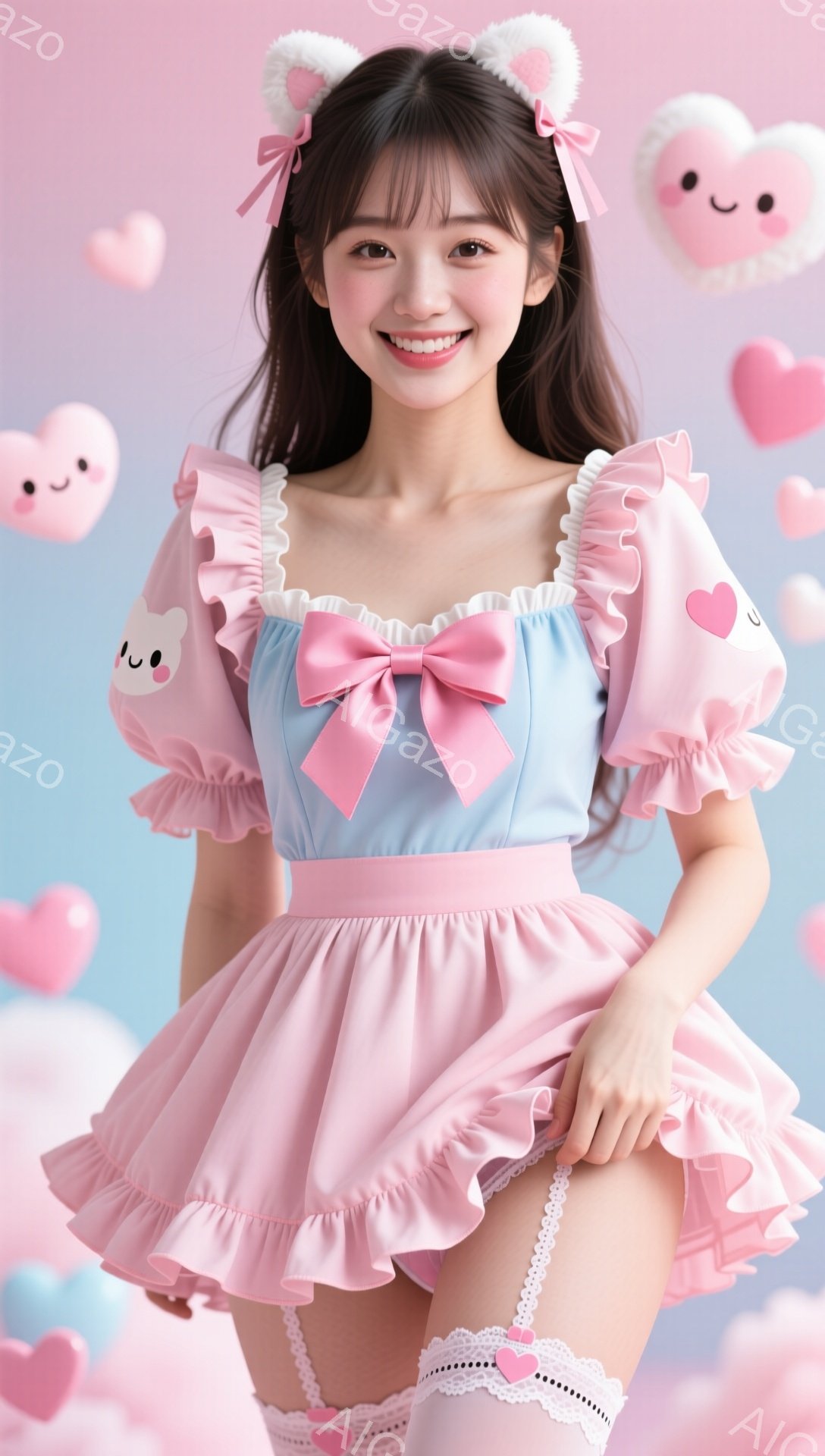 明るいピンクと水色のパステルカラーの衣装を着た若い女性が写っています。彼女はピンクの大きなリボンが付いた水色のトップスと、フリルがたくさん付いたピンクのスカートを着用し、膝上までピンクのストラップ付きソックスを履いています。背景には、ふわふわした雲のような絵文字が浮かび、全体的に可愛らしく夢のような雰囲気が漂っています。