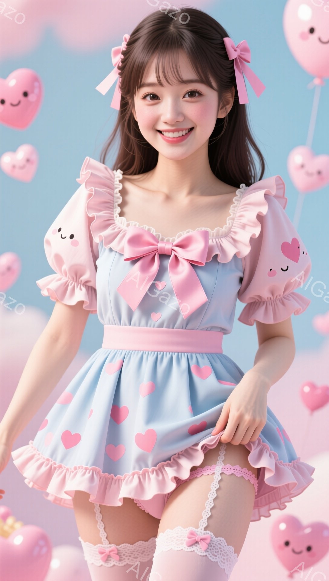 明るい青色のワンピースを着た若い女性が写っています。フリルとピンクのリボンがアクセントで、全体的に可愛らしい印象です。背景にはパステルピンクのハートのモチーフが浮かび、夢のような雰囲気を醸し出しています。