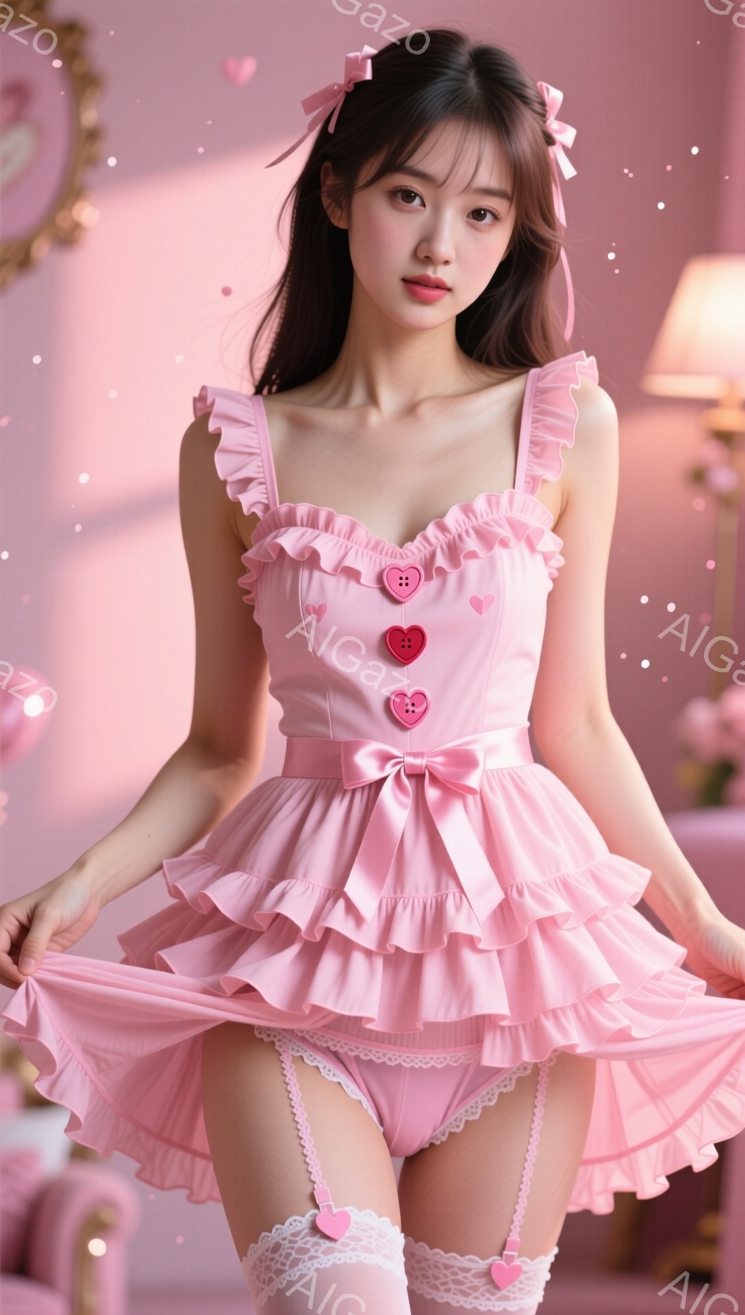 明るいピンク色のワンピースを着た若い女性が写っています。フリルとリボンが特徴の可愛らしいデザインで、サスペンダーショーツとニーハイソックスを着用しています。背景はパステルピンクで、ハート型のモチーフが散りばめられ、全体的に甘くロマンチックな雰囲気です。