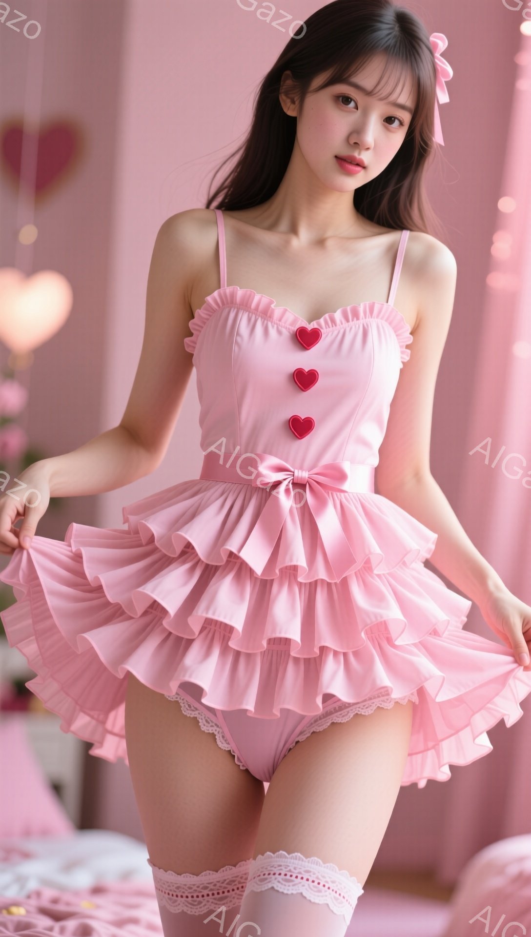 薄ピンク色のフリルがたっぷりのワンピースを着た若い女性が写っています。彼女は茶色の長い髪で、少し微笑んでいます。背景はピンク色の壁とハート型の装飾が施された、甘い雰囲気の部屋です。