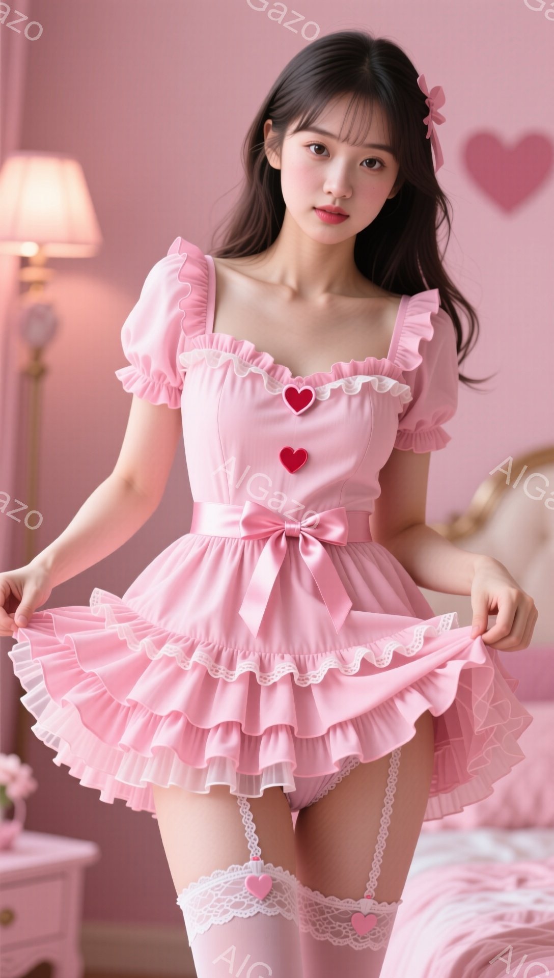 長い黒髪をカールさせ、前髪を少し分けている女性は、ピンク色のフリルとレースがあしらわれた可愛らしいワンピースを着ています。彼女は片手を腰に当て、もう片手でスカートを持ち上げ、微笑みを浮かべています。背景は淡いピンク色の部屋で、ベッドと装飾がぼやけて見え、全体的に甘くロマンチックな雰囲気です。