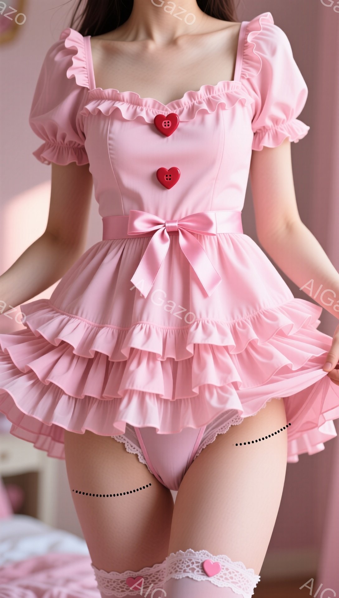薄いピンク色のフリルがたくさんついた可愛らしいドレスを着た女性の腰から下の写真です。ドレスはハート型のボタンとリボンで飾られており、パステルカラーで甘い雰囲気を醸し出しています。足元には白いレースのガーターベルトとハート型のチャームが付いており、可愛らしさを強調しています。