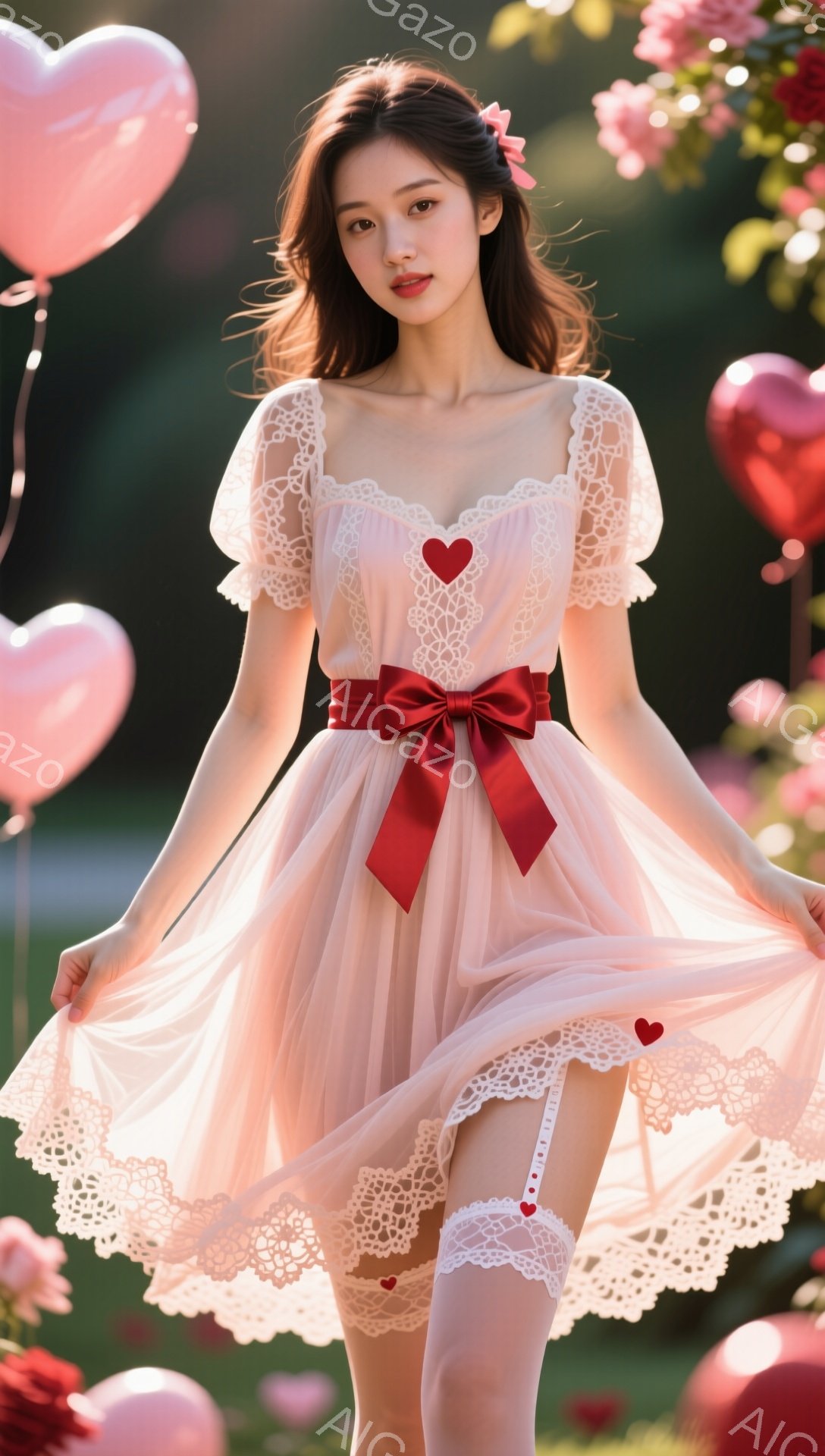 長い髪をサイドに流し、ピンク色のレースのドレスと白いハイソックスを身に着けた女性が写っている。彼女は赤いリボンでウエストを締め、微笑みを浮かべながら、スカートを少し持ち上げている。背景には、ピンクと赤のハート型の風船や緑豊かな植物が見え、春らしい暖かくロマンチックな雰囲気を醸し出している。