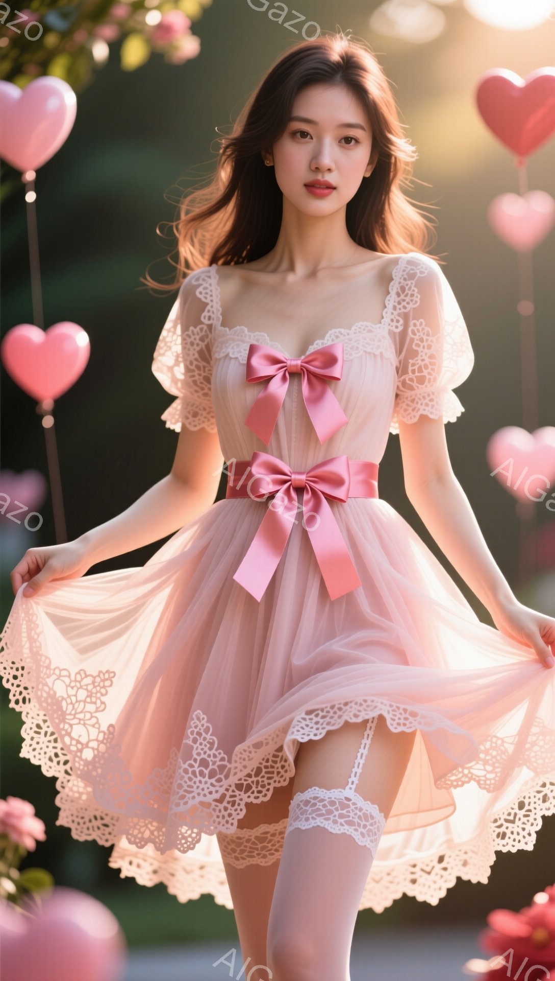 淡いピンク色のチュールスカートとレースのトップスを着た女性が写っています。髪は自然なカールで、微笑みを浮かべながら、スカートを少し持ち上げています。背景にはピンク色のハート型の風船が散りばめられ、明るい光の中で春らしい雰囲気を作り出しています。