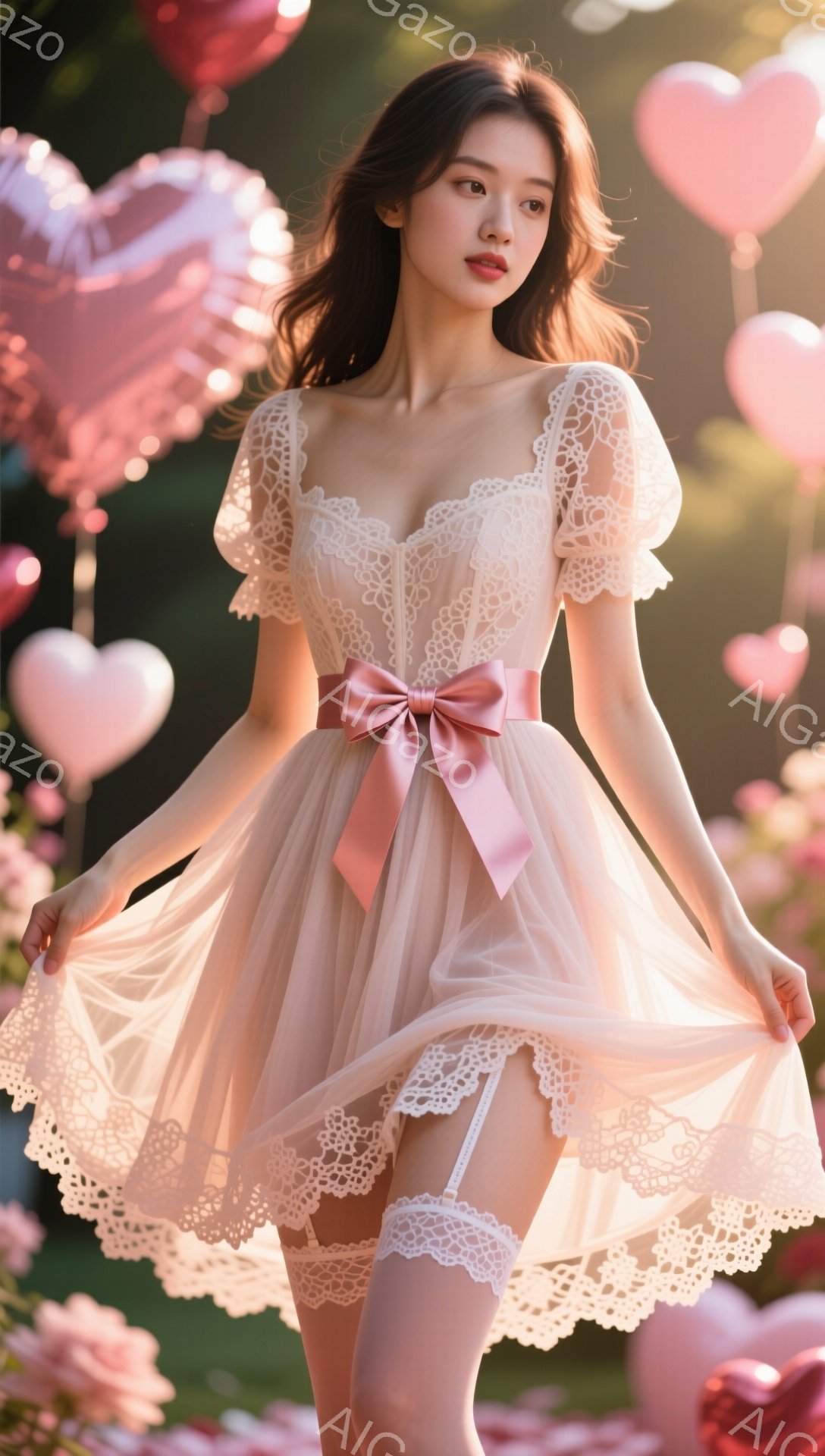 淡いピンク色のレースとチュールでできた愛らしいミニドレスを身につけた若い女性が写っています。彼女は長い茶色の髪をゆるく下ろし、微笑みを浮かべています。背景にはハート型の風船が数多く浮かび、夢のようなロ - AI生成フリー素材