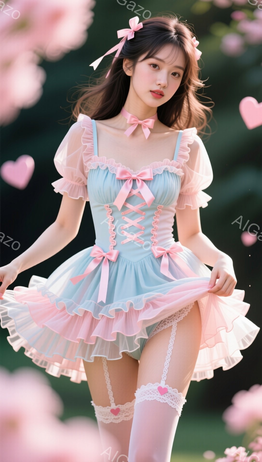 淡い水色のドレスを着た若い女性が写っています。フリルとリボンがアクセントの可愛らしいデザインで、太ももにはハート型の飾り付きのサスペンダーソックスを履いています。背景はピンク色の花びらが舞う春らしい風景で、全体的に夢見がちな、甘い雰囲気が漂っています。
