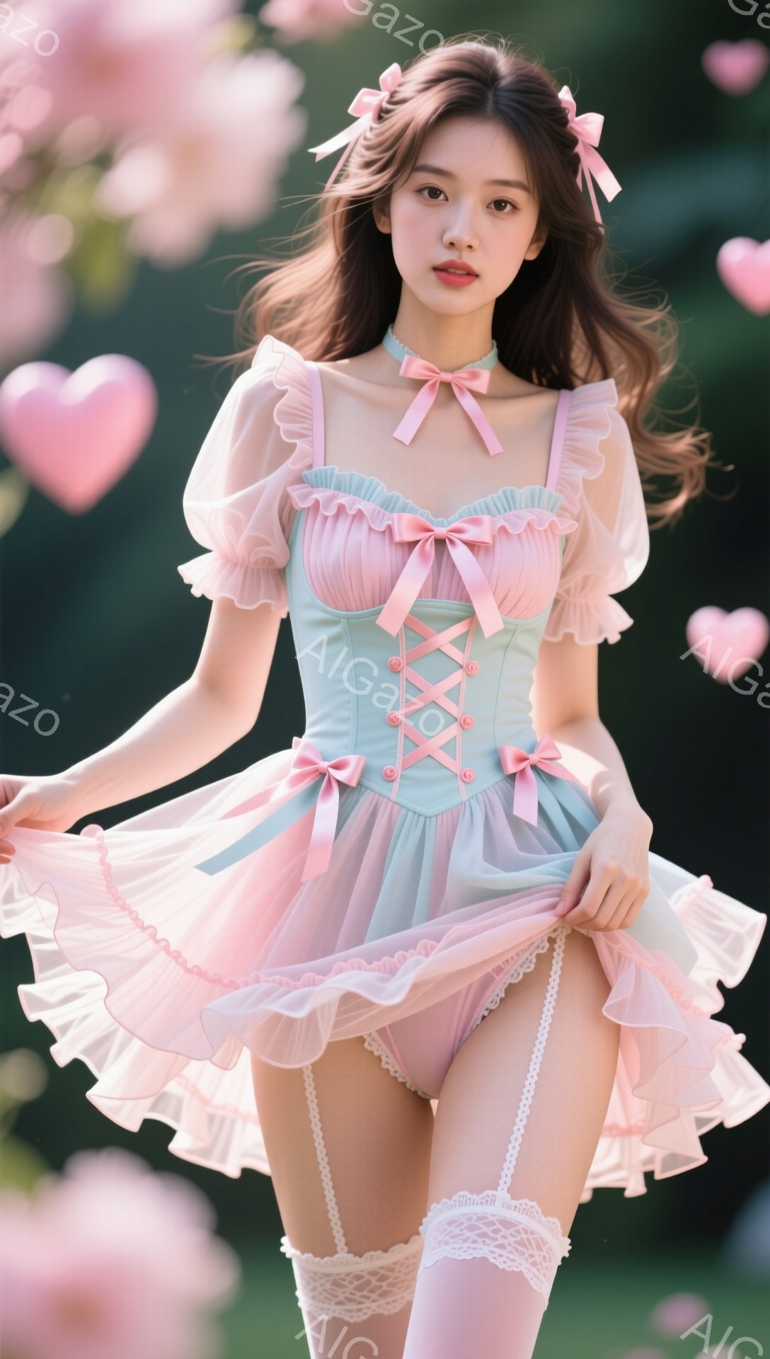 淡いピンクと水色の可愛らしいワンピースを着た女性が写っています。彼女はカールした髪にピンクのリボンをつけており、少し微笑み、優雅なポーズでスカートを広げています。背景にはぼやけた緑の植物とピンクの花が散りばめられており、全体的にロマンチックで夢幻的な雰囲気を醸し出しています。