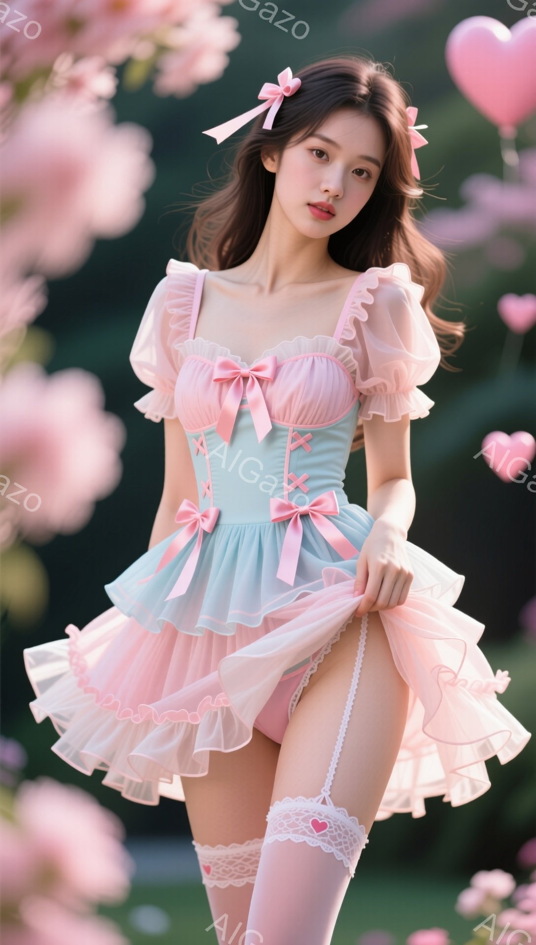 淡い水色とピンクのフリルが特徴的な可愛らしいドレスを着た女性が写っています。髪はゆるく巻かれ、ピンクのリボンでサイドポニーテールに結ばれています。背景には桜の花びらが舞い、春らしい暖かくロマンチックな雰囲気を醸し出しています。