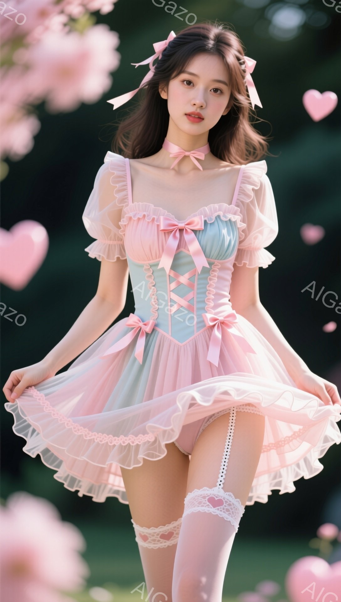 明るいピンクと水色のコントラストが美しいワンピースを着た女性が写っています。髪はゆるく巻かれ、リボンで飾られ、表情は少し微笑んでおり、優雅な雰囲気を醸し出しています。背景には、ぼやけた緑の草地とピンク色の花びらが舞い、ファンタジックでロマンチックな雰囲気を演出しています。