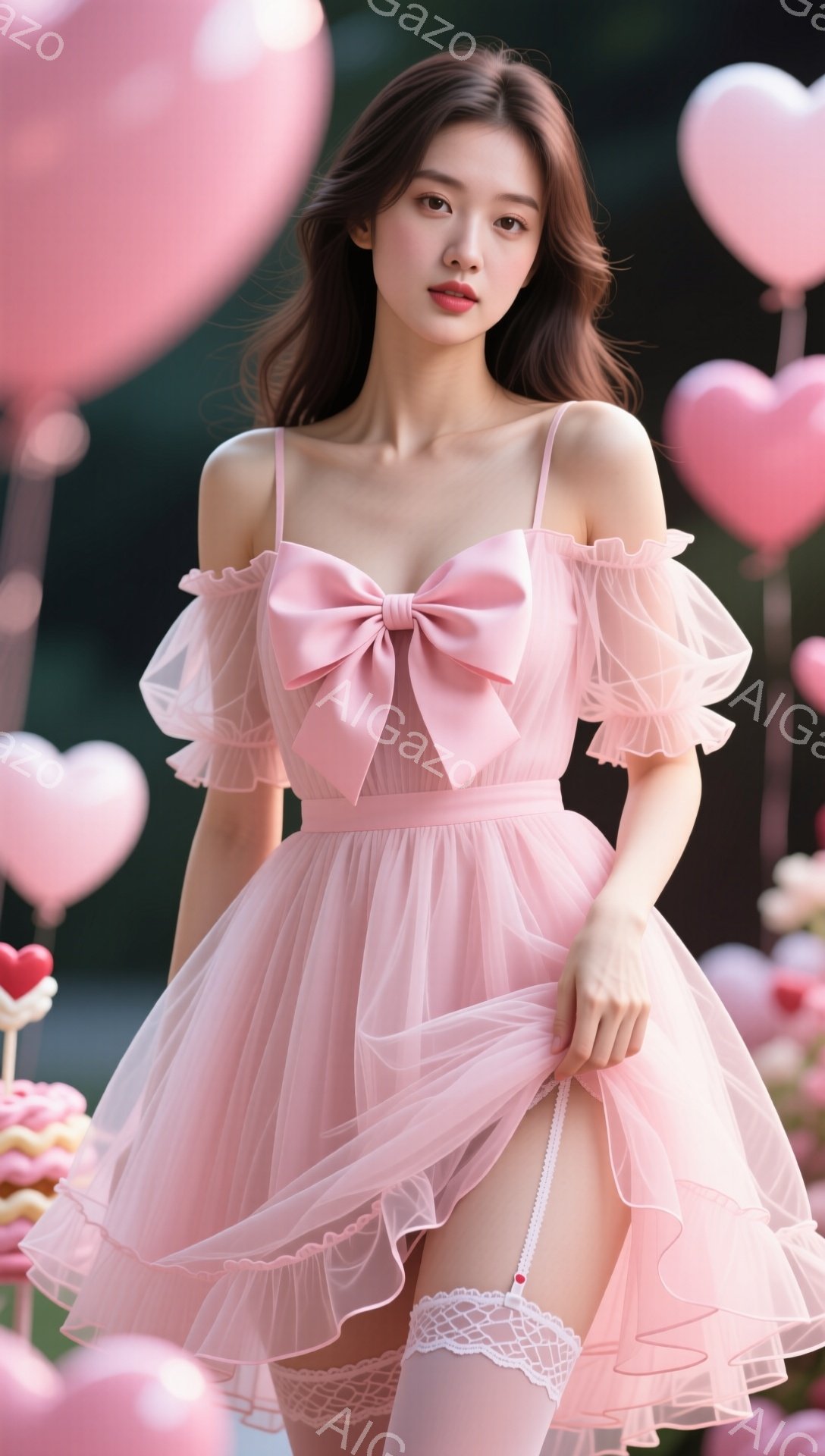 明るいピンク色のチュール素材のミニドレスを着た女性が写っています。ドレスはオフショルダーで大きなリボンが特徴的です。背景にはピンク色のハート型の風船が多数浮かび、ロマンチックで夢幻的な雰囲気を醸し出しています。