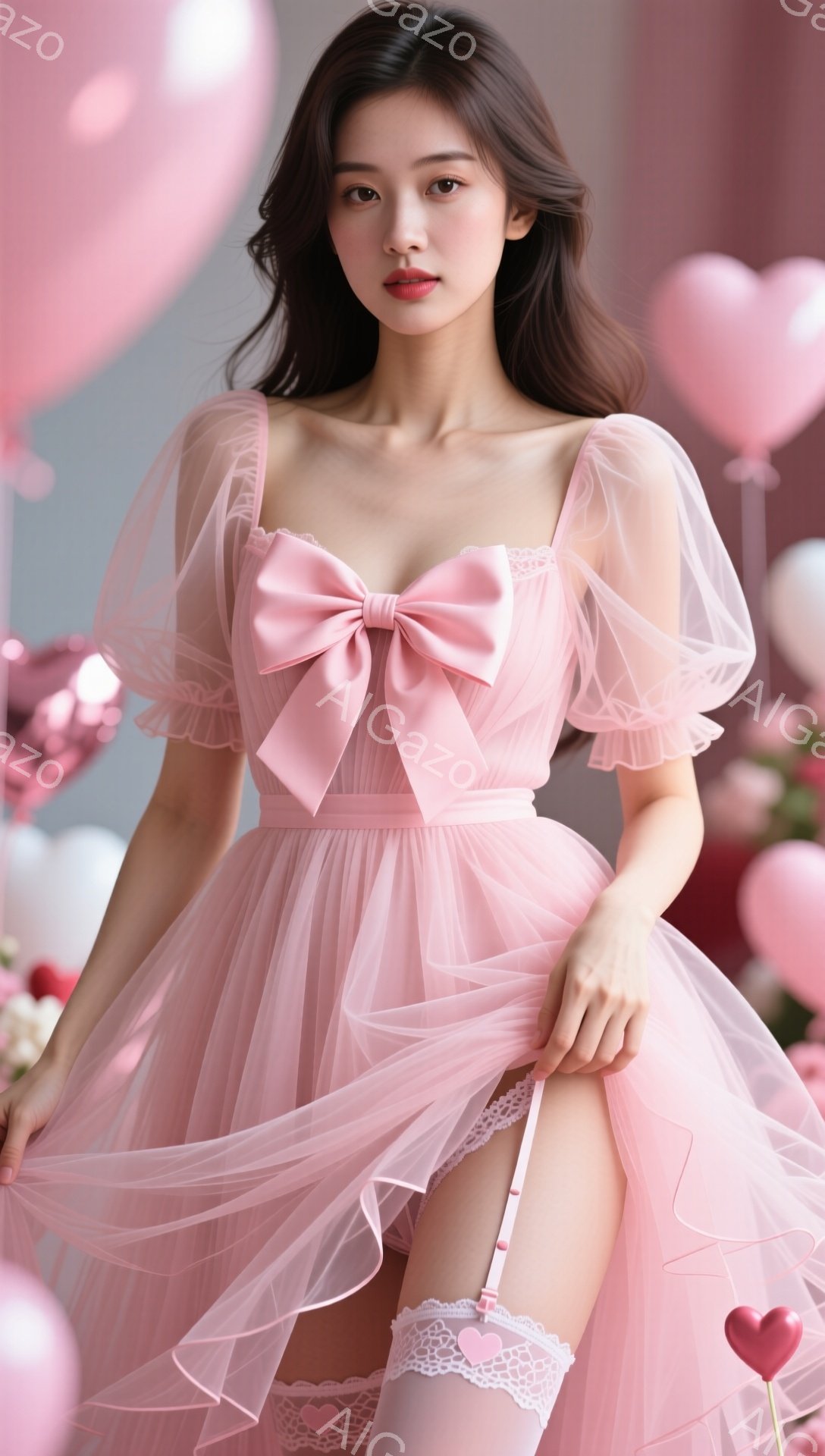 明るいピンクのチュールドレスを着た若い女性が写っています。大きなリボンがウエストに結ばれており、パフスリーブが特徴です。彼女は片足を上げ、レースのついた白いニーハイソックスと可愛らしいハートのブレスレットを身に着けており、背景にはピンク色のハートのバルーンが散りばめられています。