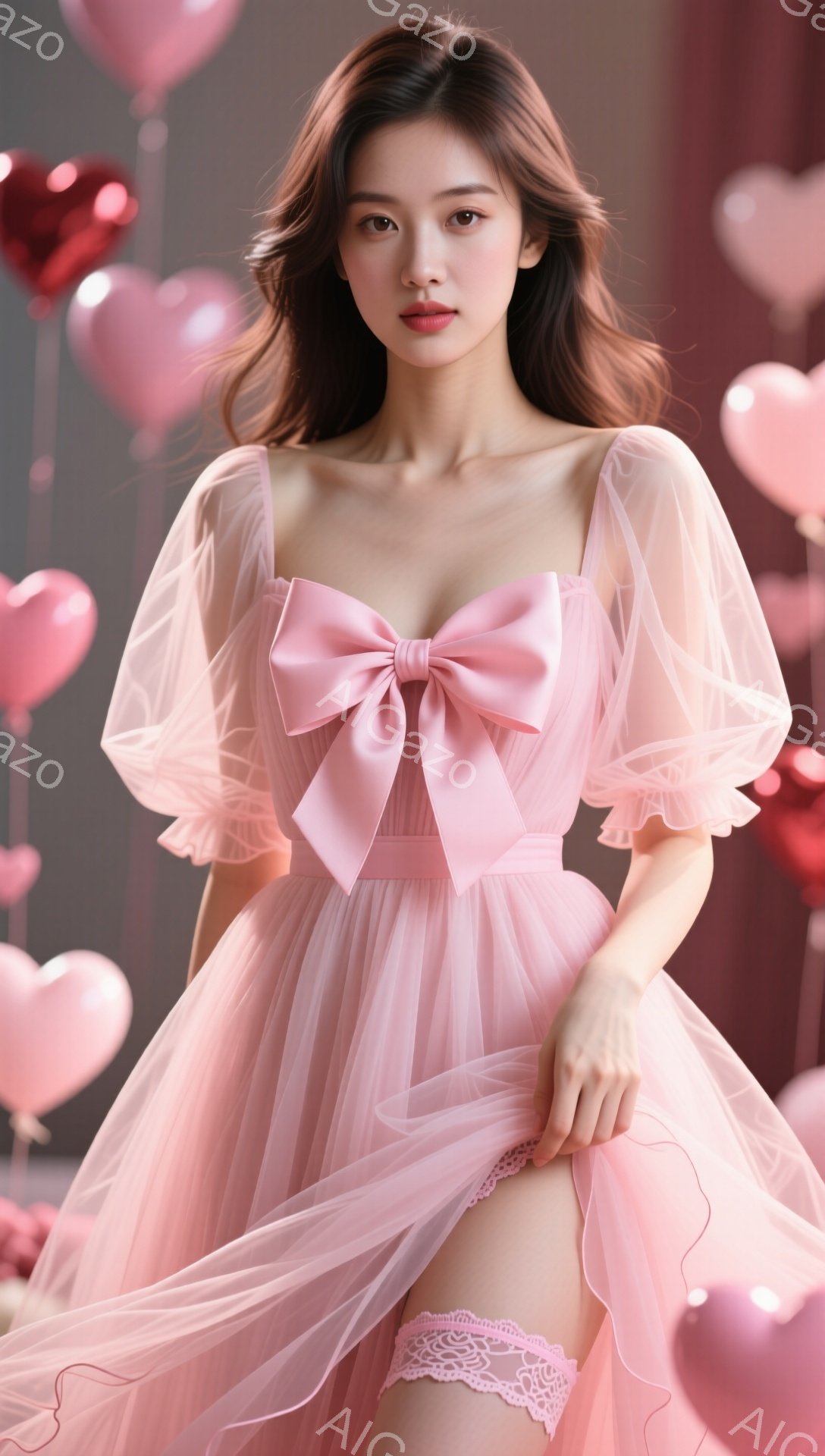 淡いピンク色のチュール素材のワンピースを着た女性が写っています。大きなリボンが胸元を飾り、パフスリーブとふんわりとしたスカートが特徴的です。背景にはハート型の風船が浮かび、ロマンチックで可愛らしい雰囲 - AI生成フリー素材
