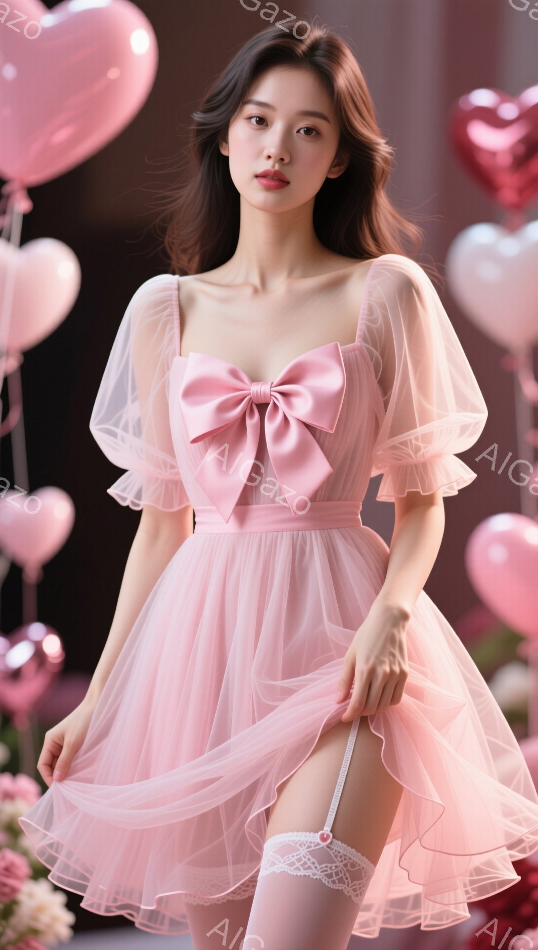淡いピンク色のチュール生地のワンピースを着た女性が写っています。大きなリボンがウエストに結ばれ、パフスリーブが特徴的です。背景にはハート型の風船が浮かび、全体的にロマンチックで夢幻的な雰囲気が漂っています。