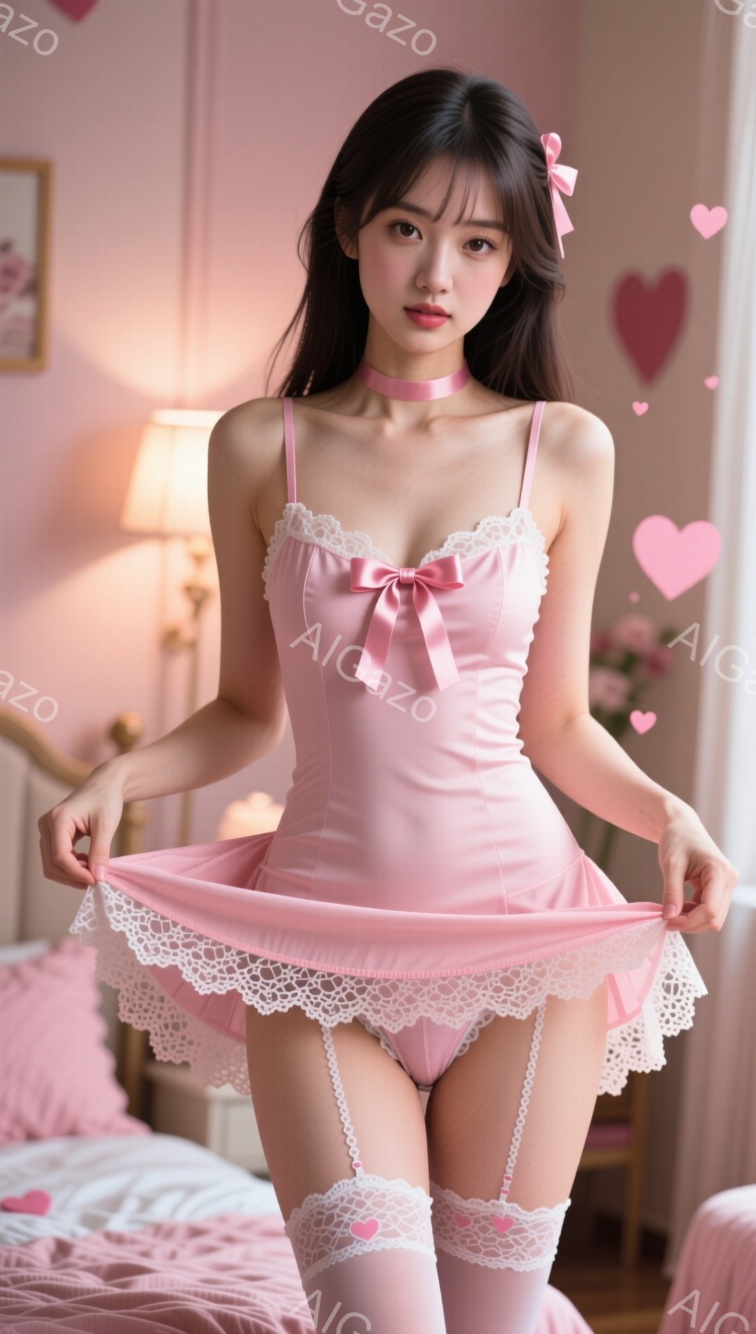 長い黒髪をセンターパートにし、ピンクのリボンで飾った女性が写っている。ピンクのレースの装飾が施されたキャミソールとフリルスカート、それにマッチしたサスペンダーとニーハイソックスを身に着けている。ベッドに座り、スカートの裾を両手で優しく持ち上げている様子は、どこか可憐で愛らしい印象を与える。