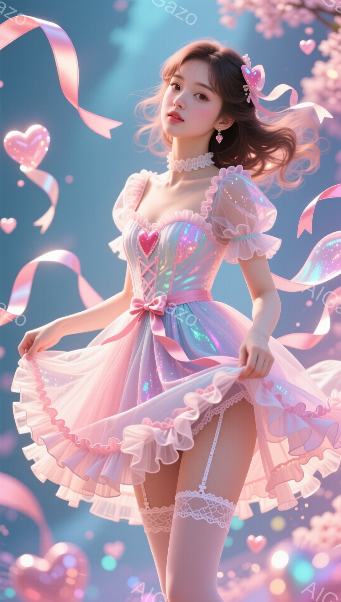 長い茶色の髪にピンクのリボンをつけた女性が、パステルピンクのきらめくミニドレスとレースのニーハイソックスを身につけています。彼女は少し微笑み、スカートが広がる中、軽やかに踊っているように見えます。背景には、ぼやけたハートと光の粒子が散りばめられ、夢のようなロマンチックな雰囲気を醸し出しています。