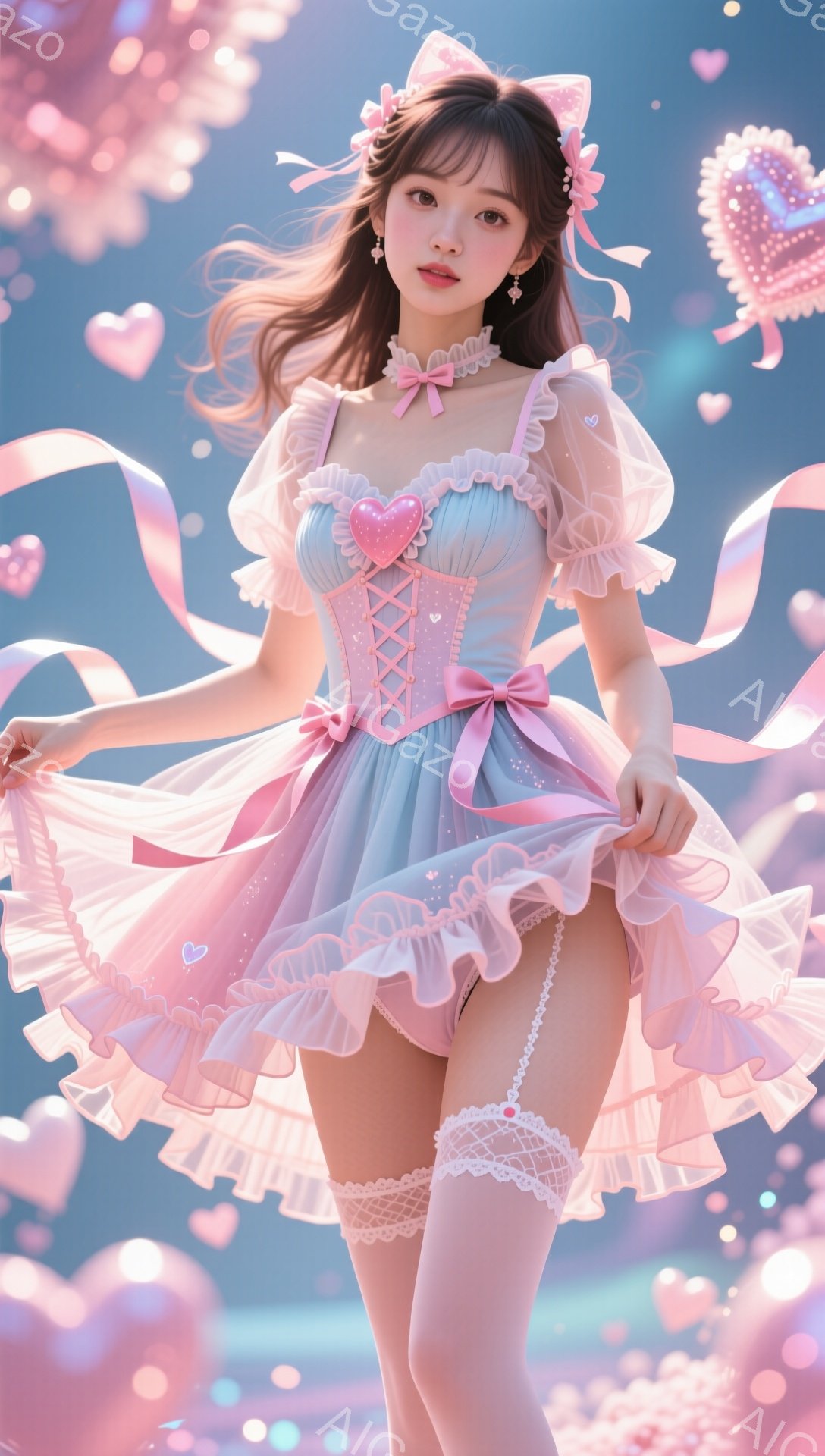 明るい青色のミニドレスを着た若い女性が写っています。ドレスはコルセット風のデザインで、ハート型の装飾が胸元にあります。彼女は長い茶色の髪を巻いており、頭にはピンクのリボンと耳がついたアクセサリーをつけています。