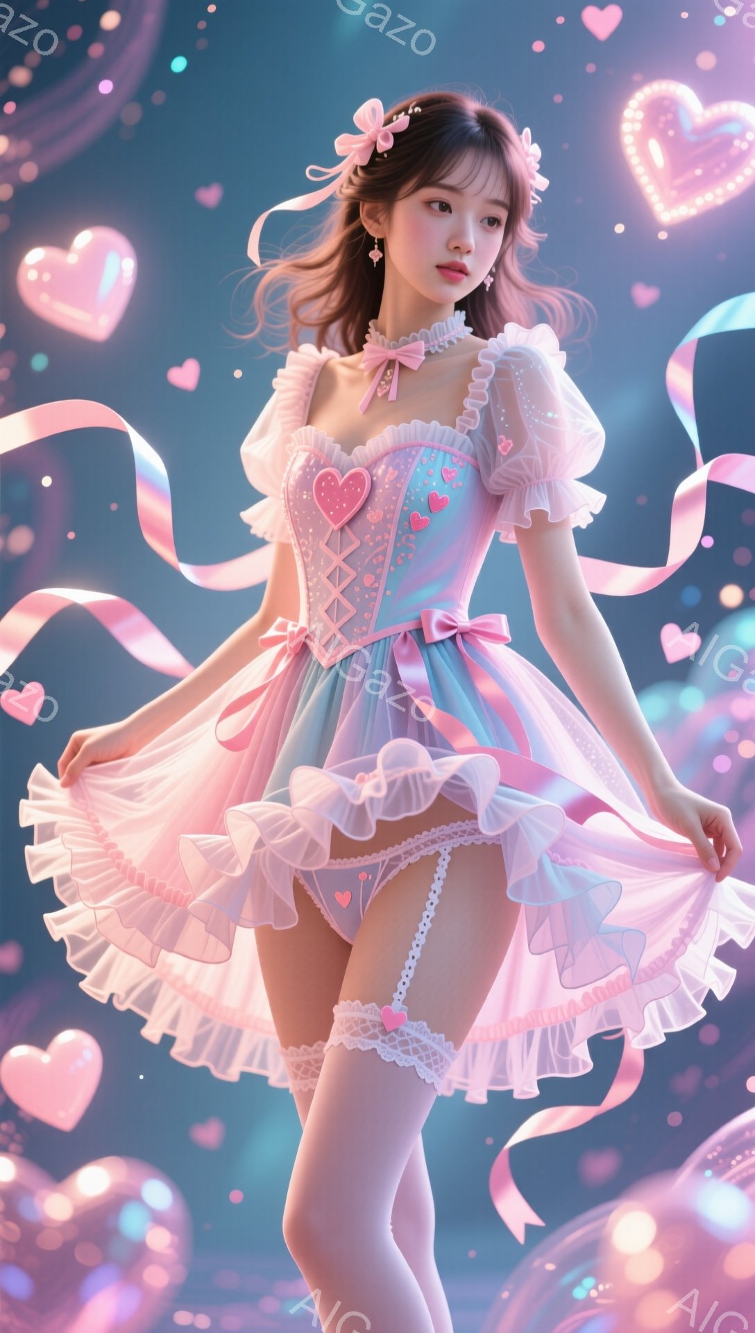 長い茶色の髪を無造作に垂らし、ピンクと水色の可愛らしいフリル付きドレスを着た若い女性が描かれています。彼女は片足を少し上げ、ドレスの裾が広がるようにポーズをとっており、背景にはハート形の光やリボンが舞い、夢幻的な雰囲気を醸し出しています。全体的に甘くロマンチックな印象を受ける、ファンタジックなイメージです。