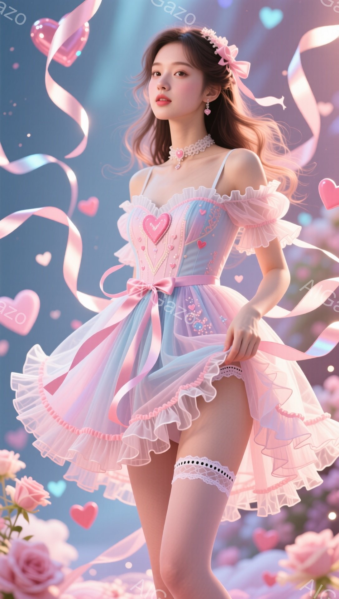 長い茶色の髪をウェーブさせ、頭にはピンクのリボンと花飾りをつけた女性が写っています。淡い水色とピンクのフリル付きのミニドレスと、レースのサスペンダーを身に着け、優しい笑顔を浮かべています。背景はピンクと紫のグラデーションで、ハートや花が舞い散り、ロマンチックで夢幻的な雰囲気を醸し出しています。