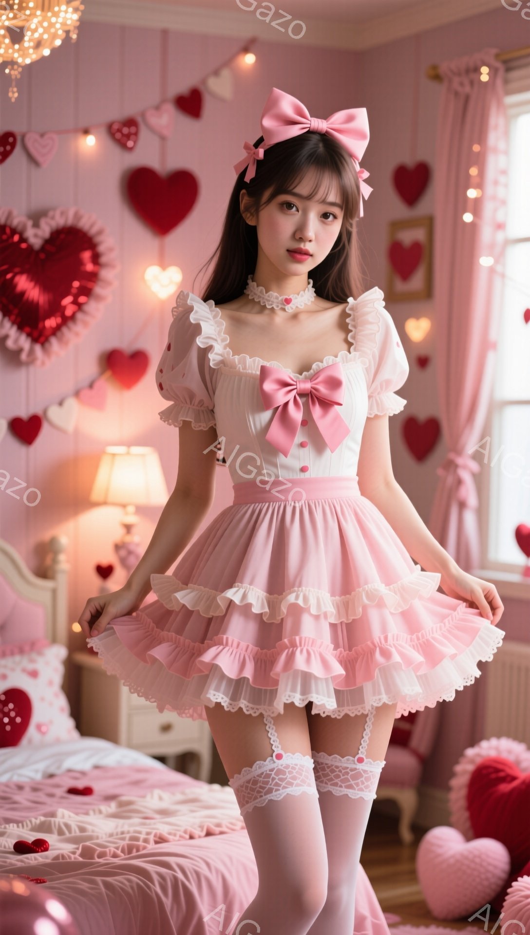 明るいピンク色の部屋で、ピンクのフリル付きのミニドレスを着た若い女性が立っています。彼女は黒髪で、大きなリボンをつけており、表情は少し微笑んでいます。背景にはハート型の装飾が散りばめられ、ロマンチック - AI生成フリー素材