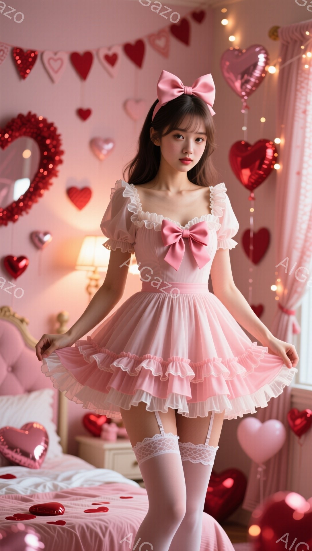 ピンク色のフリルたっぷりのミニワンピースを身に着けた女性が写っています。髪は肩までの長さで、ゆるやかなウェーブがかかり、前髪は少しサイドに流れています。背景には赤色のハート型の装飾が散りばめられ、ベッドの上には赤いバラの散りばめられ、ロマンチックで甘い雰囲気が漂っています。