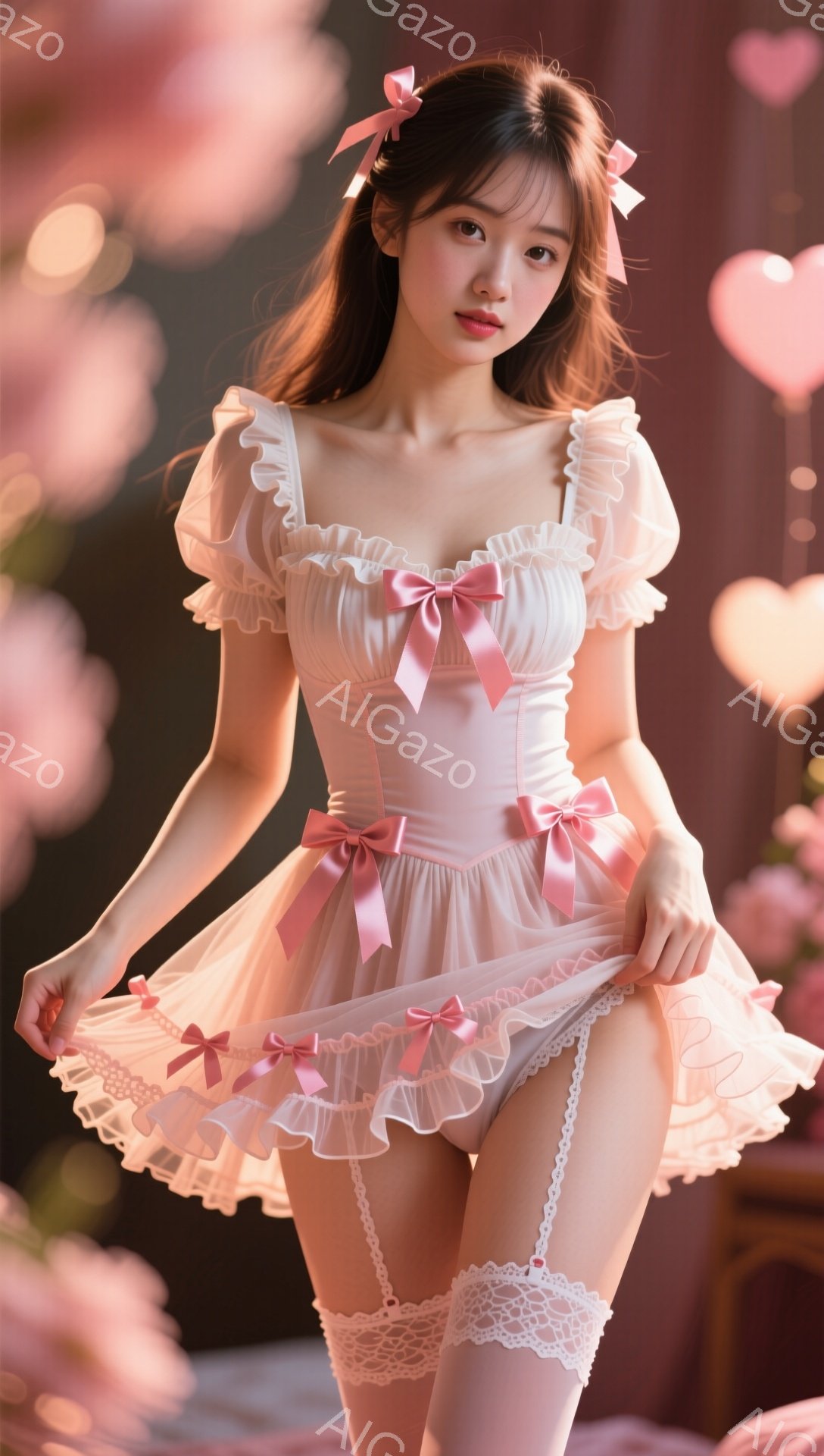 明るいピンク色の背景に、淡いピンク色のフリルが特徴的なドレスを着た若い女性が写っています。彼女は肩を露出したデザインで、リボンが飾られたワンピースと、レースのガーターベルトを着用しています。女性は微笑んでおり、ワンピースのスカート部分を軽く持ち上げています。