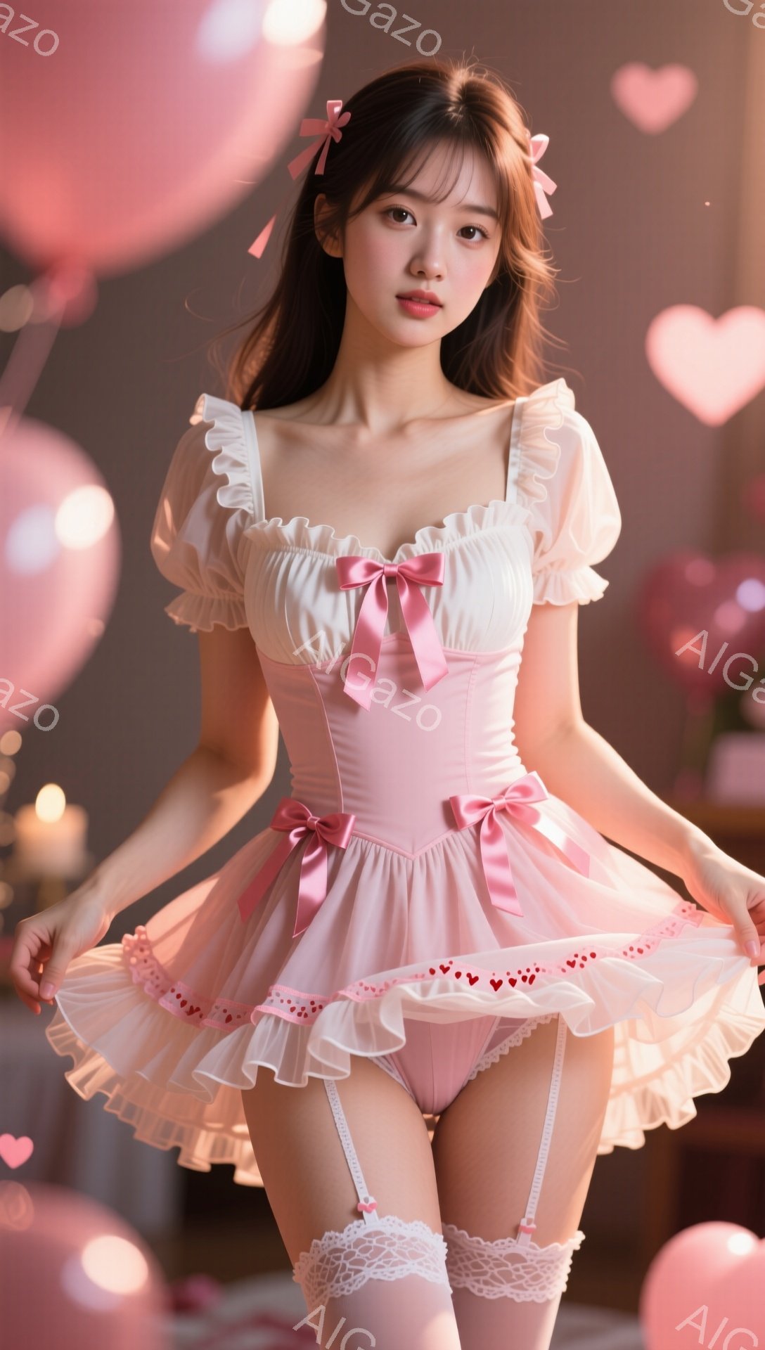 明るいピンク色のフリルが特徴の可愛らしいドレスを着た女性が写っています。彼女は茶色の髪を両サイドにリボンで結い、少し微笑んでいます。背景にはぼやけたハート型の光と装飾が散りばめられ、ロマンチックで夢のような雰囲気です。