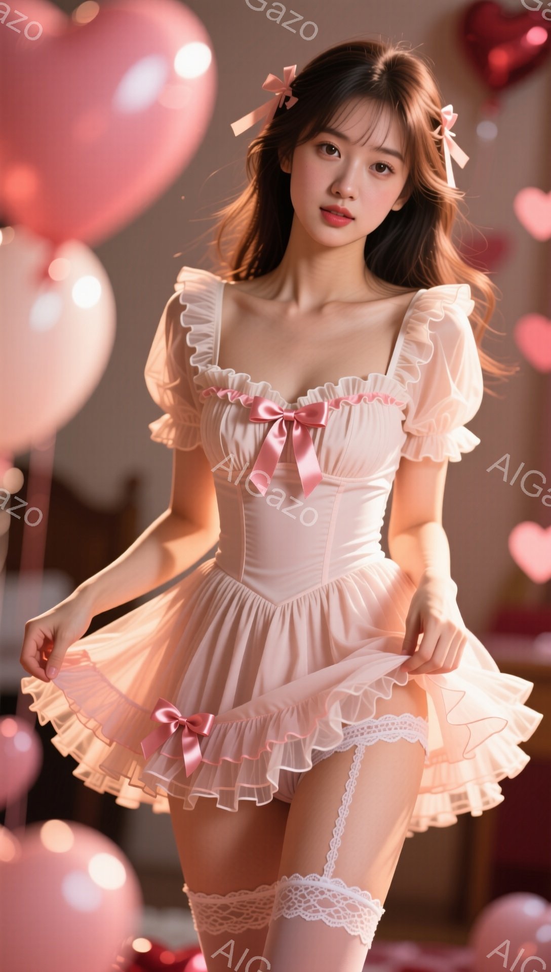 淡いピンク色のフリルが特徴的なミニドレスを着た女性が写っています。彼女はブラウン系のヘアスタイルで、前髪を軽くサイドに流し、可愛らしい表情でカメラを見つめています。背景にはピンク色のハート型の風船が浮かび、ロマンチックで夢幻的な雰囲気を醸し出しています。