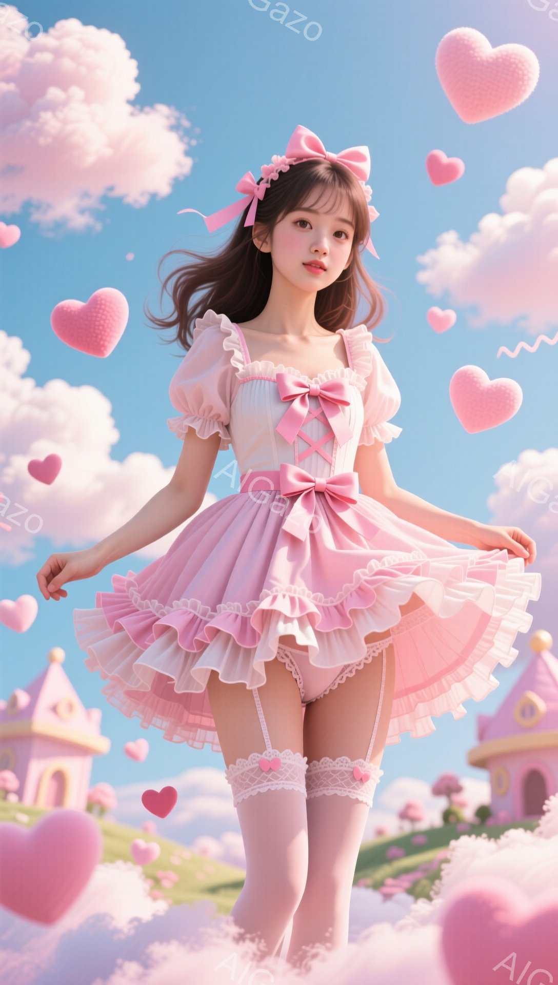 長い茶色の髪を後ろで結び、ピンクのリボンで飾った若い女性が写っています。彼女はフリルとリボンが特徴の、可愛らしいピンクのドレスと太もも丈のレースのソックスを身に着けており、まるでプリンセスのような姿です。背景はピンク色の雲と城、そしてハートが舞い散る夢のような風景で、全体的に甘くロマンチックな雰囲気を醸し出しています。