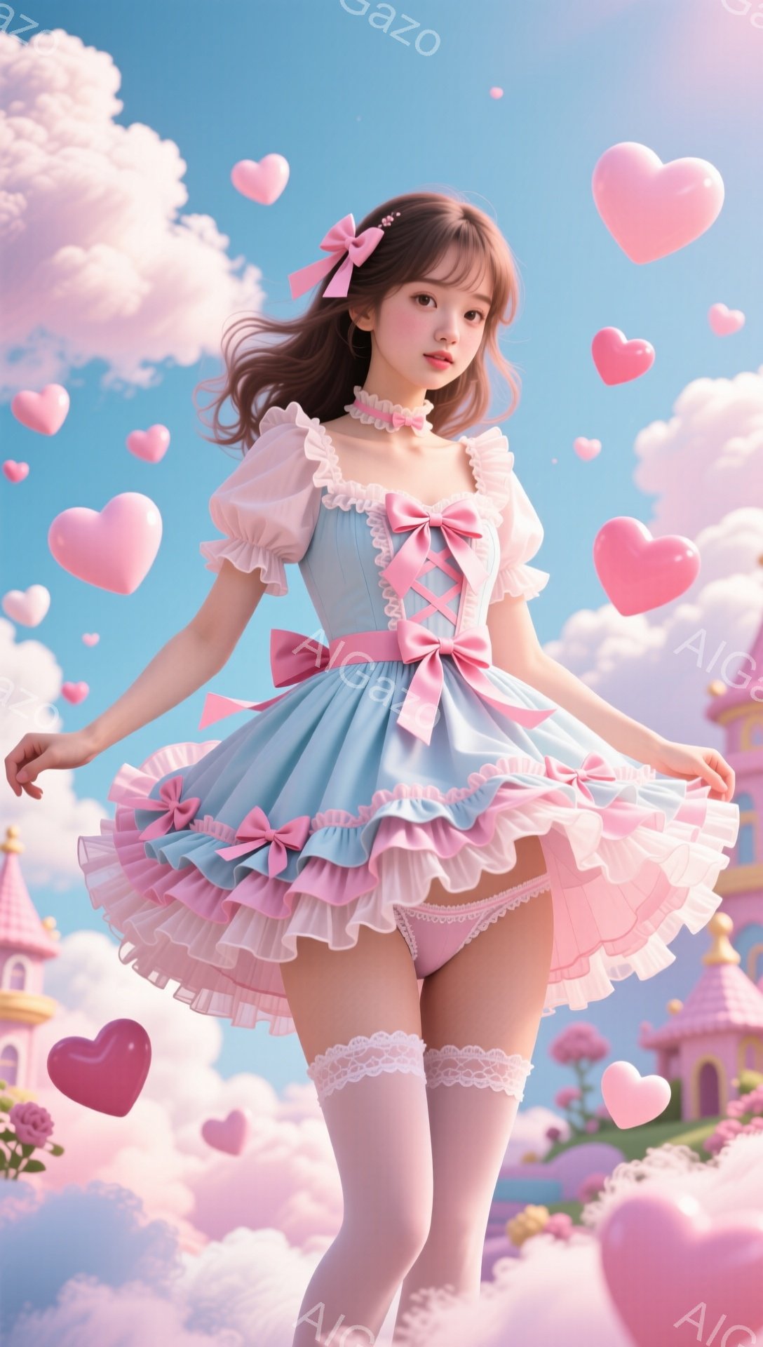 空に浮かぶお城とハートが散りばめられたファンタジックな背景の中で、少女が愛らしいドレスを着てポーズをとっています。彼女は明るい茶色の髪を長くストレートに下ろし、ピンクのリボンで結んでいます。パステルブルーとピンクのフリルドレス、白いレースのソックス、そして優しい笑顔が、夢のような雰囲気をさらに強調しています。