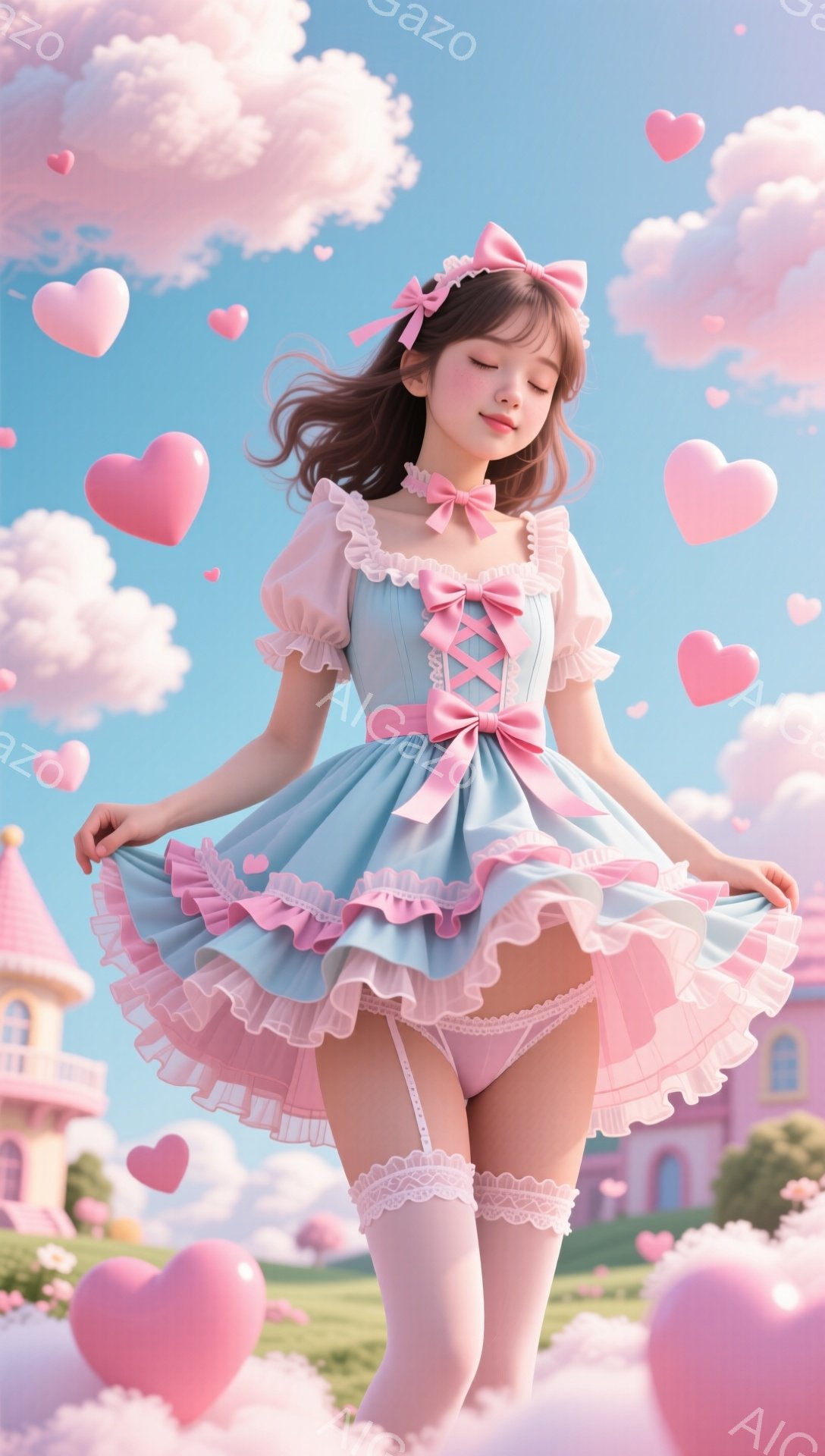 淡い水色のワンピースに、ピンクのリボンとフリルが可愛らしい少女が描かれています。彼女は目を閉じ、微笑んでおり、スカートを広げたポーズをとっています。背景には、ピンク色のハートやふわふわの雲、おとぎ話のような可愛らしいお城が見え、夢のような雰囲気を醸し出しています。