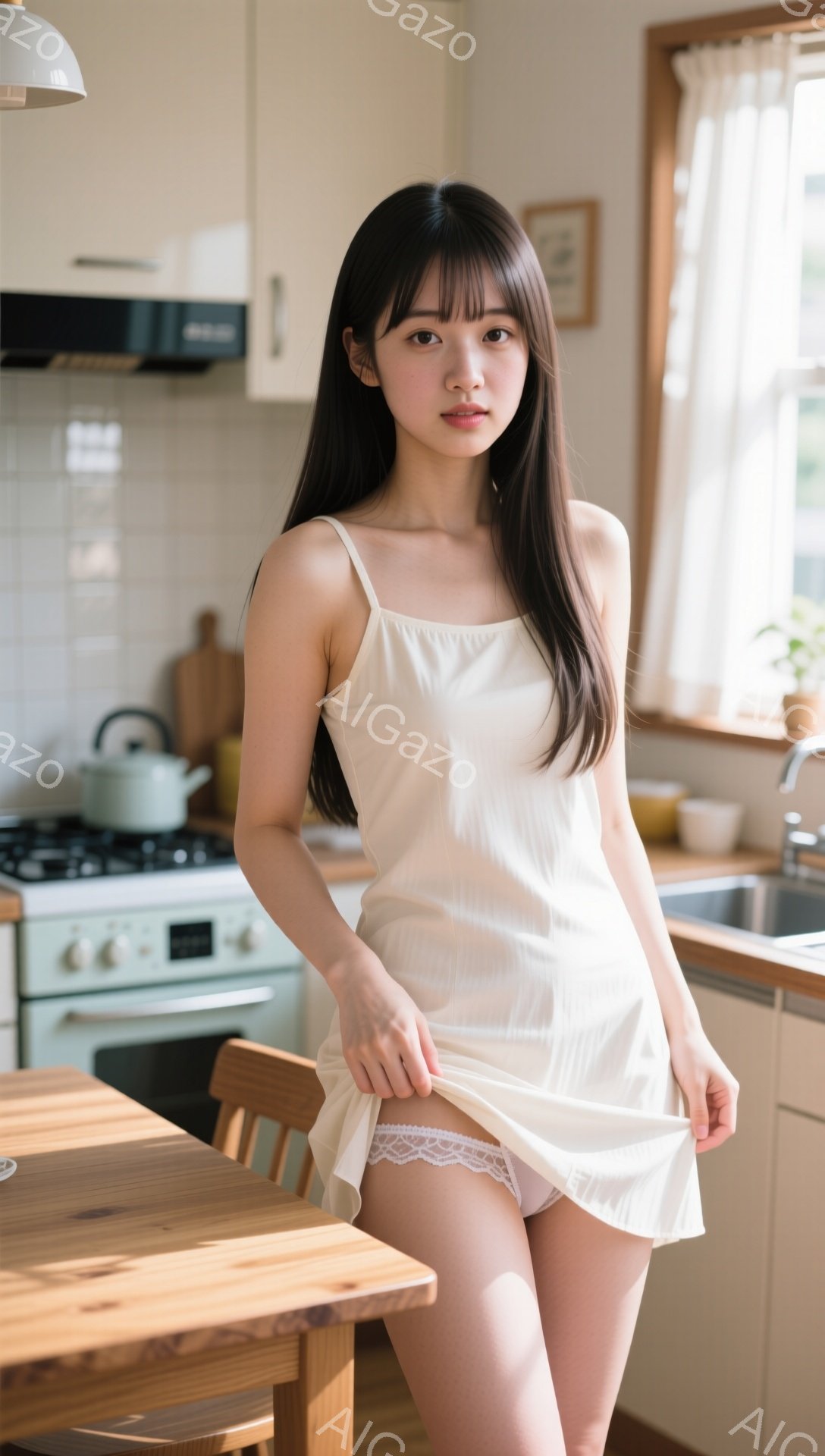 長い黒髪で前髪は眉毛にかかるようにカットされた女性が、クリーム色のキャミソールワンピースを着てキッチンに立っています。彼女はワンピースの裾を軽く持ち上げており、少しいたずらっぽい微笑みを浮かべています。背景には、水色のキャビネットと調理器具、窓からの自然光が差し込む暖かく明るいキッチンが見えます。