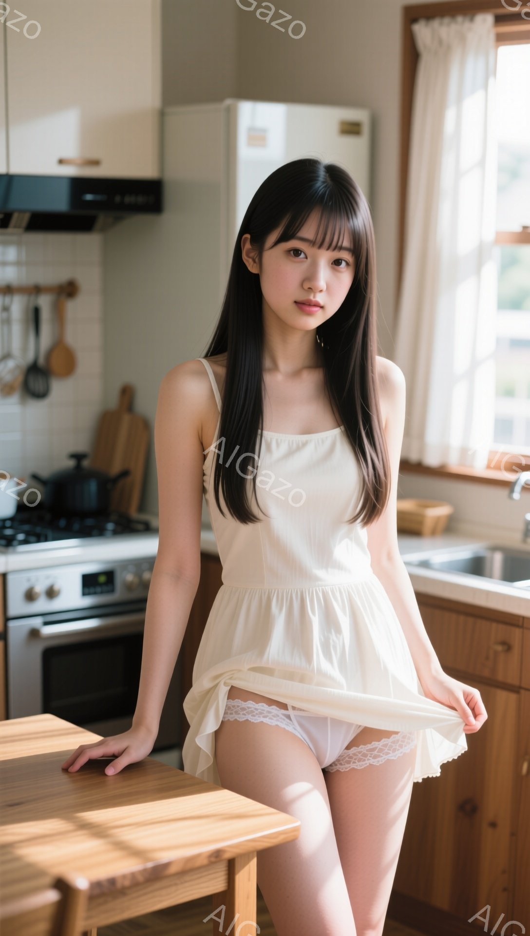 長い黒髪で、前髪が眉毛にかかる女性が、オフホワイトのキャミソールワンピースを着ています。彼女は木製のテーブルに片手を置き、スカートを少し持ち上げています。背景にはキッチンがあり、白いキャビネット、ステンレス製の家電、そして窓からの自然光が見えます。