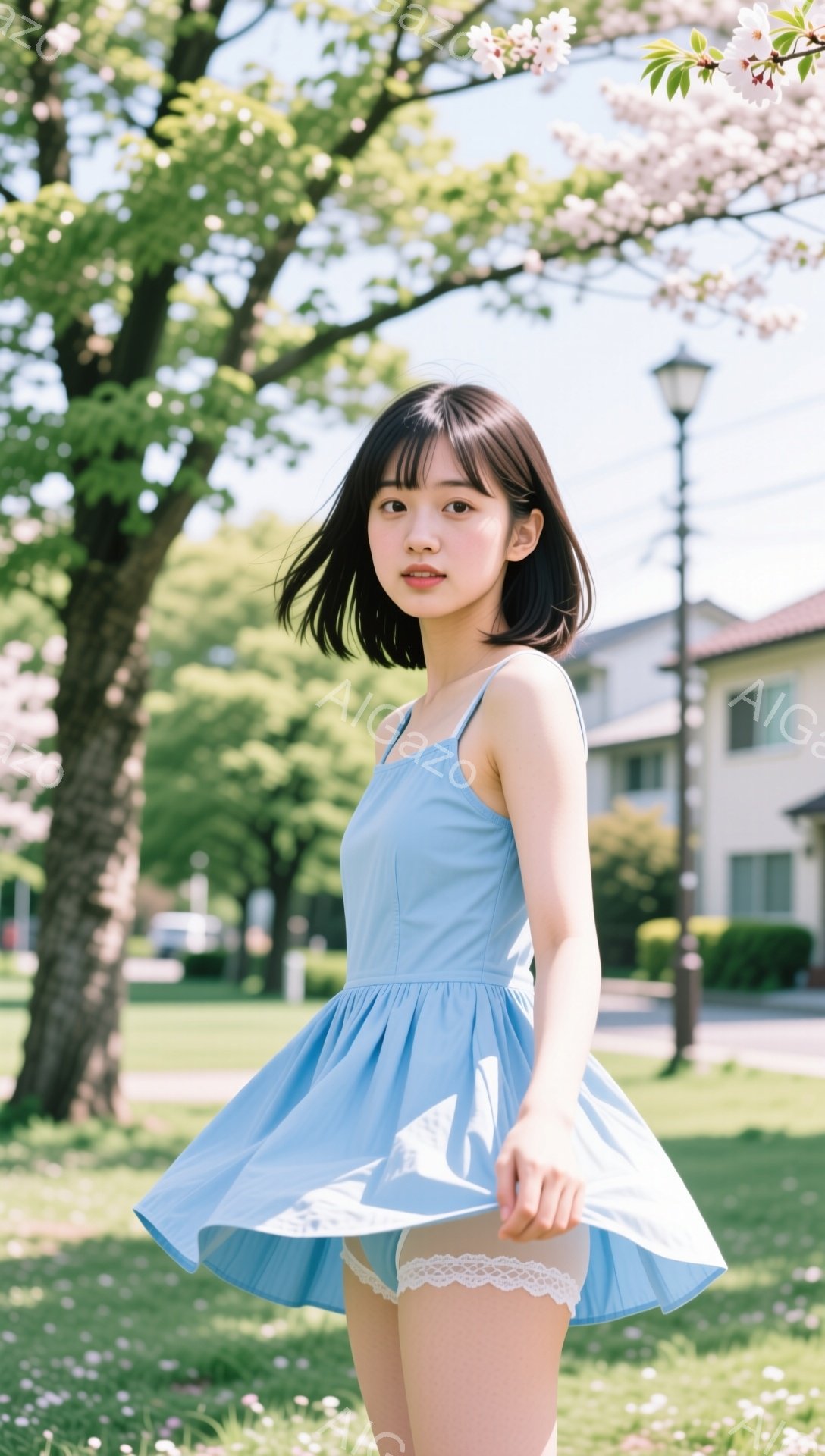 若い女性が、水色のフリルミニワンピースと白いレースのパンティを着用し、緑豊かな公園でポーズをとっています。彼女は黒髪のショートボブヘアで、少し微笑んだ表情を浮かべています。背景には住宅、木々、街灯があり、晴れた日の穏やかな春の雰囲気が漂っています。