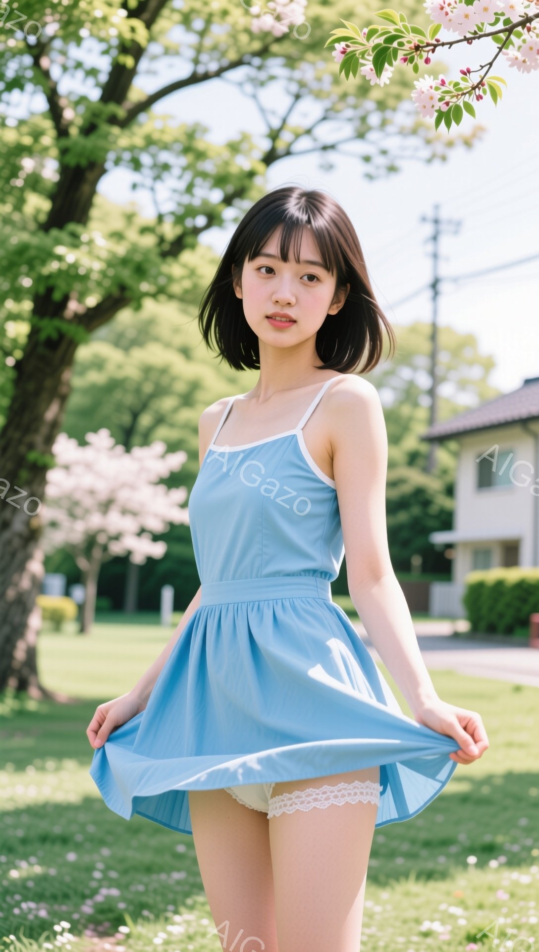若い女性が水色のワンピースを着て、スカートを軽く持ち上げています。彼女は黒髪で、前髪が目にかかるようにカットされています。背景には、桜の木と住宅が見え、晴れた日の穏やかな春の雰囲気が漂っています。