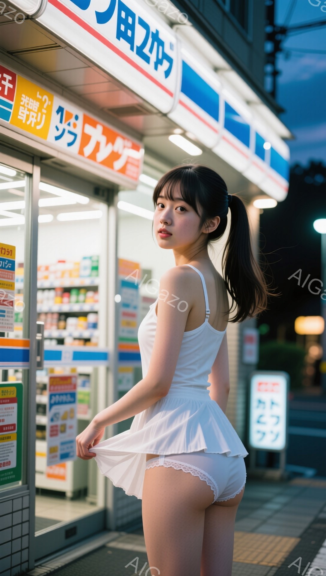 長い黒髪をポニーテールにした若い女性が、白いタンクトップとミニスカートを身に着けて立っている。彼女は少し振り返り、わずかに微笑んでいる。背景には、照明が点いているコンビニエンスストアがあり、夜の静かな雰囲気を醸し出している。