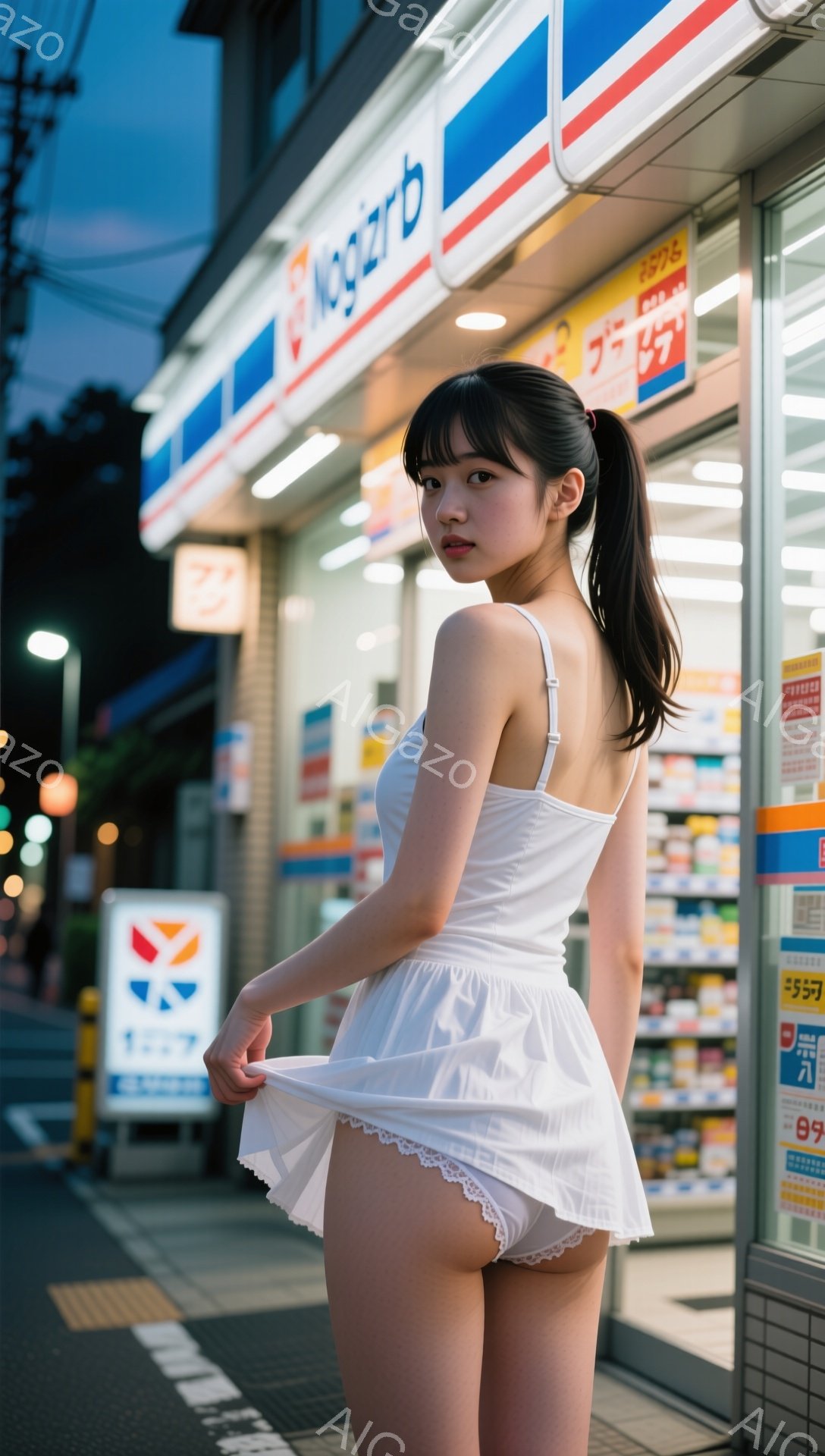 白いキャミソールとミニスカートを身に着けた若い女性が、夜の街でポーズをとっています。彼女は片手でスカートを少し持ち上げ、振り返ってカメラを見つめており、少しいたずらっぽい表情を浮かべています。背景にはコンビニエンスストアがあり、夜の照明が道路を照らしています。