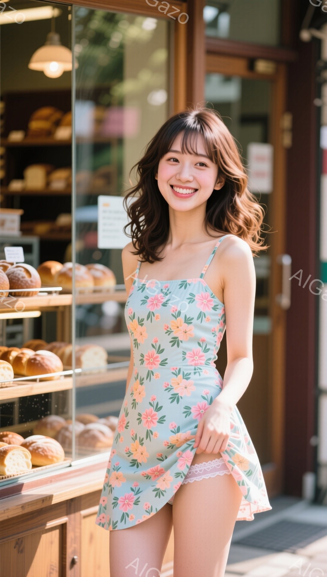 明るい表情の若い女性が、花柄のミニワンピースを着て立っています。彼女は髪を軽くカールさせ、前髪を少し長めに残したスタイルで、幸せそうな笑顔を浮かべています。背景にはパン屋があり、ショーケースには様々な - AI生成フリー素材
