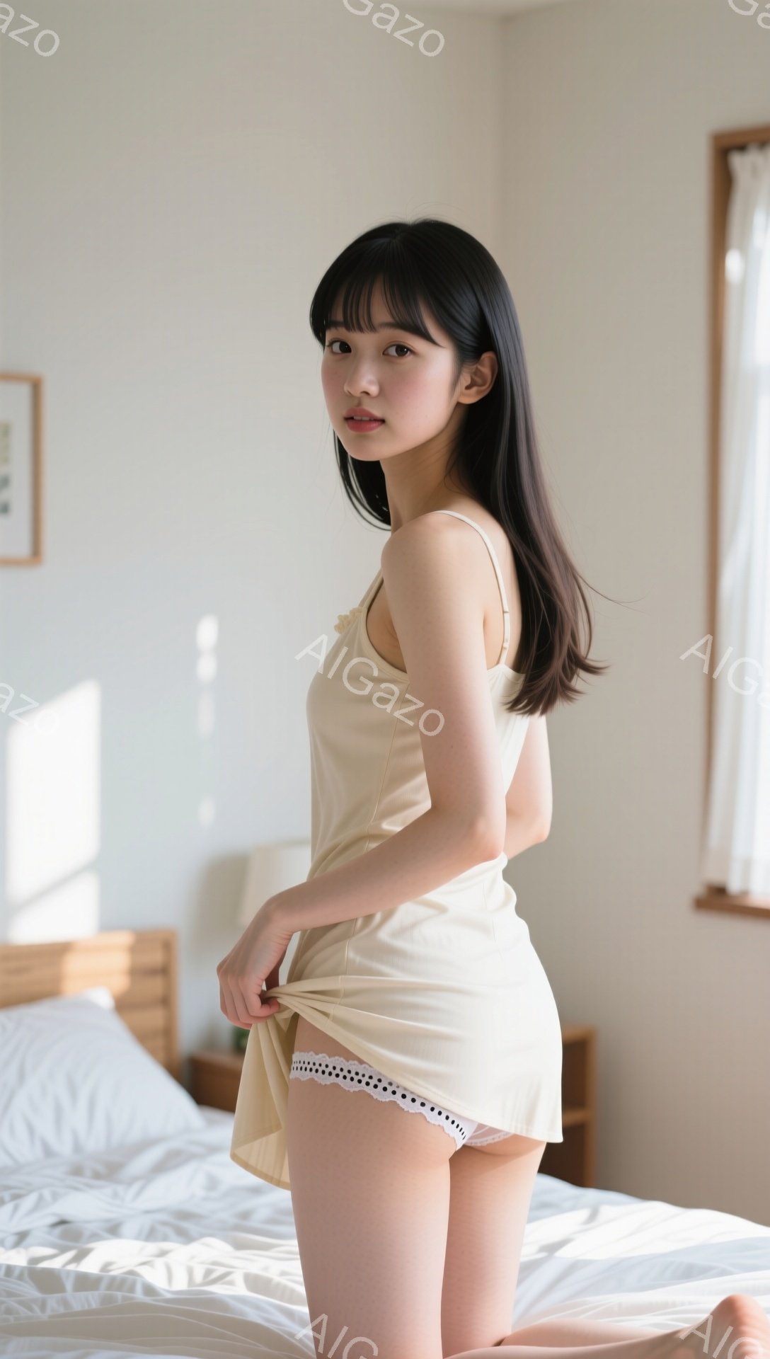 長い黒髪で前髪のある女性が、クリーム色のキャミソールとショートパンツを身につけてベッドの上に立っています。彼女は少し微笑んでいて、片手でキャミソールの裾を軽く掴んでいます。背景には木製のベッドサイドテ - AI生成フリー素材