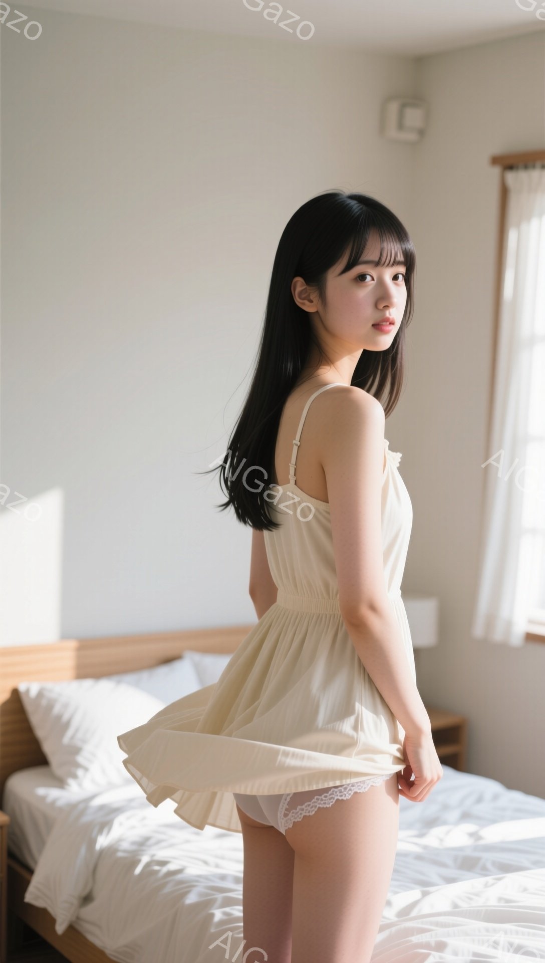 長い黒髪を肩にかける若い女性が、クリーム色のミニドレスを着てベッドの上に立っています。彼女は少し微笑んでいて、後ろを振り返っています。窓から差し込む光が部屋を照らし、柔らかい雰囲気を作り出しています。