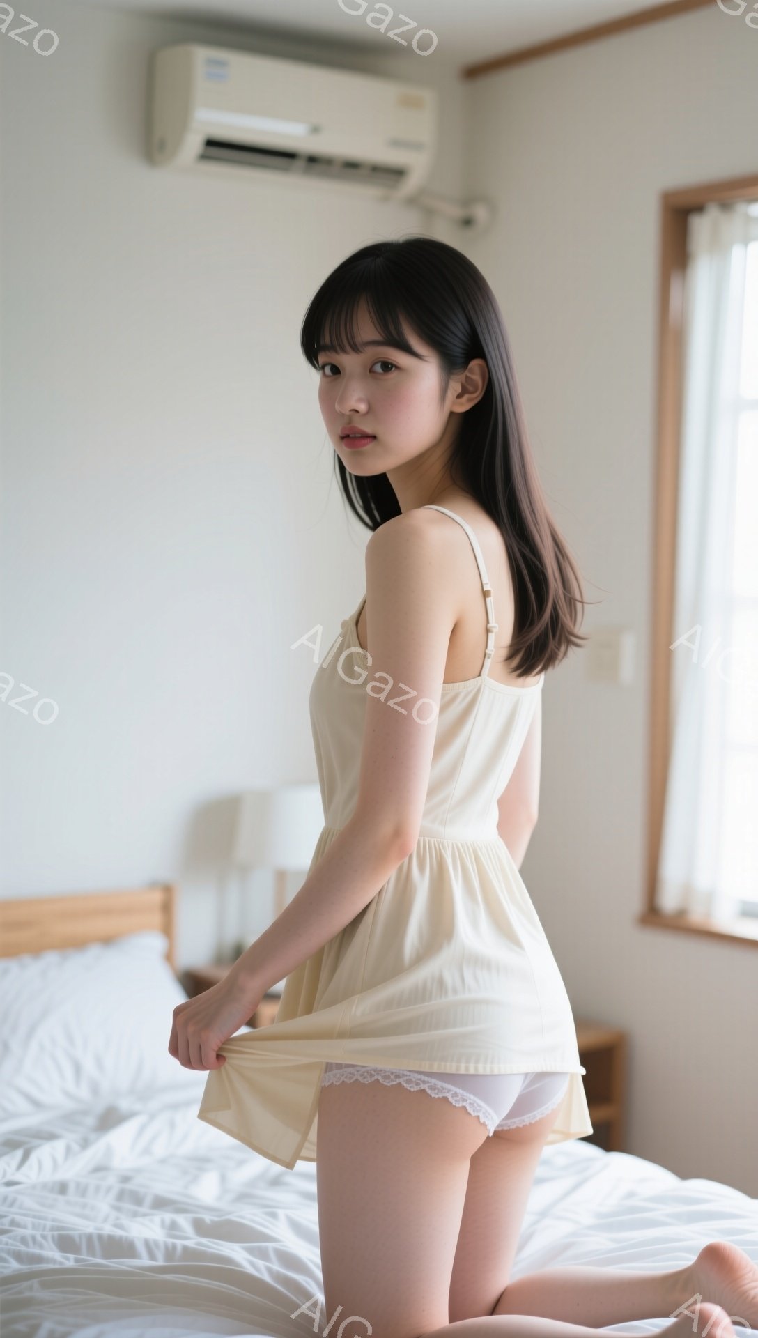 長い黒髪をセンターパートにした若い女性が、クリーム色のキャミソールワンピースを着てベッドの上に膝立ちになっている。彼女はワンピースの裾を少し持ち上げ、控えめな表情で正面を見ている。背景には窓から差し込む自然光、エアコン、白いベッドリネンが見え、全体的に柔らかく穏やかな雰囲気が漂っている。