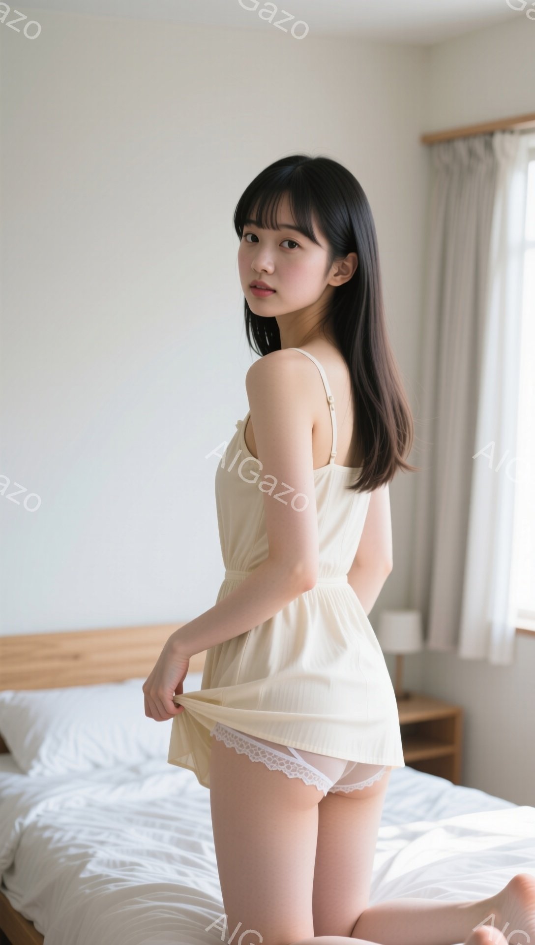 長い黒髪で前髪が目に触れるようにカットされた女性が、クリーム色のキャミソールワンピースと白いレースのパンツを着用して、ベッドに膝をついて立っています。彼女はワンピースの裾を少し持ち上げており、少し微笑んでいます。背景は窓から差し込む光で明るい寝室で、シンプルで落ち着いた雰囲気です。