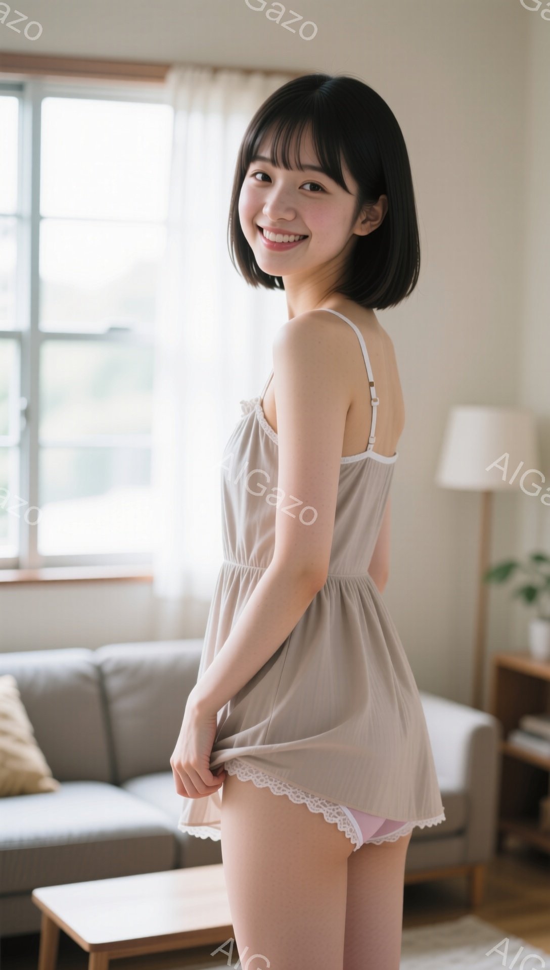 明るい室内で、若い女性がベージュ色のキャミソールワンピースを着て微笑んでいます。彼女は前を歩きながら、ワンピースの裾を軽く掴んでおり、少しいたずらっぽい表情をしています。背景には、グレーのソファや木製の家具が見え、温かみのあるリビングルームの様子が伺えます。