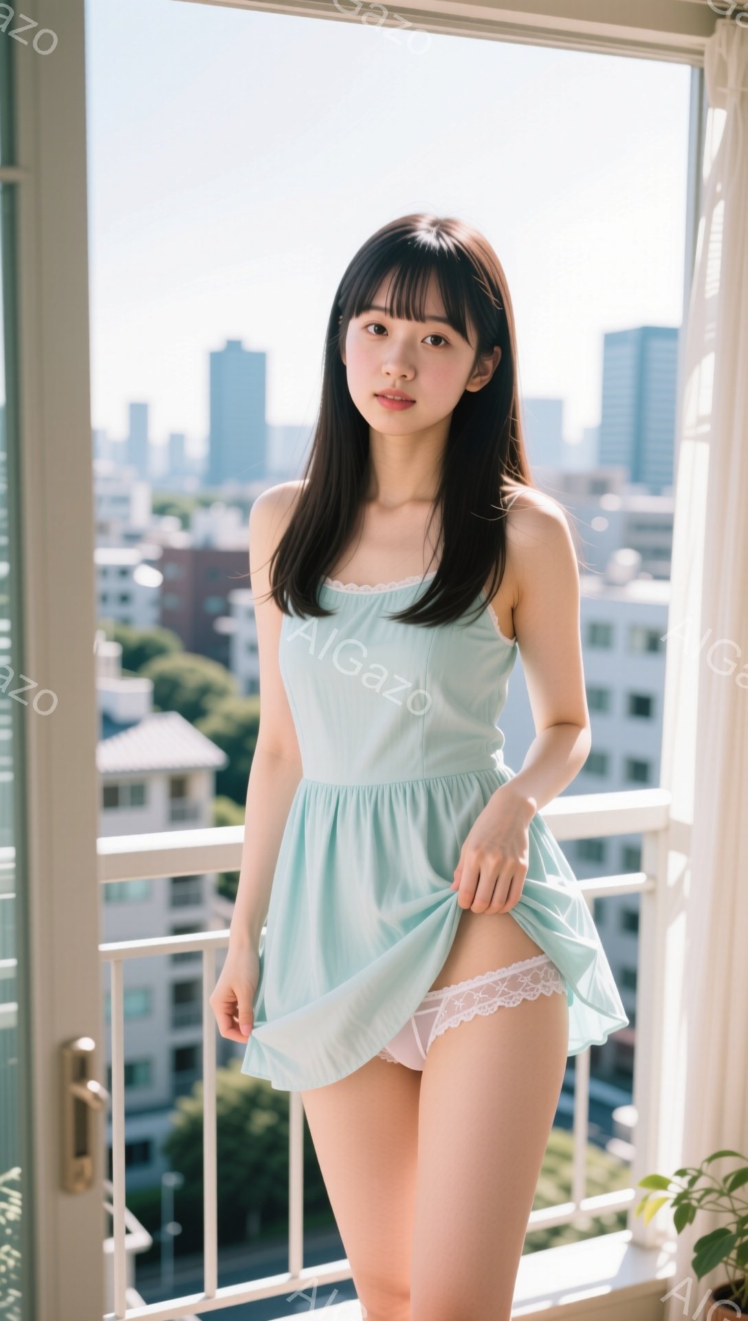 黒髪で前髪のある若い女性が、水色のミニワンピースを着てバルコニーに立っています。彼女はスカートを少し持ち上げており、白いレースのアンダーウェアが覗いています。背景には高層ビル群と緑の木々が見え、晴れた日の穏やかな雰囲気が漂っています。