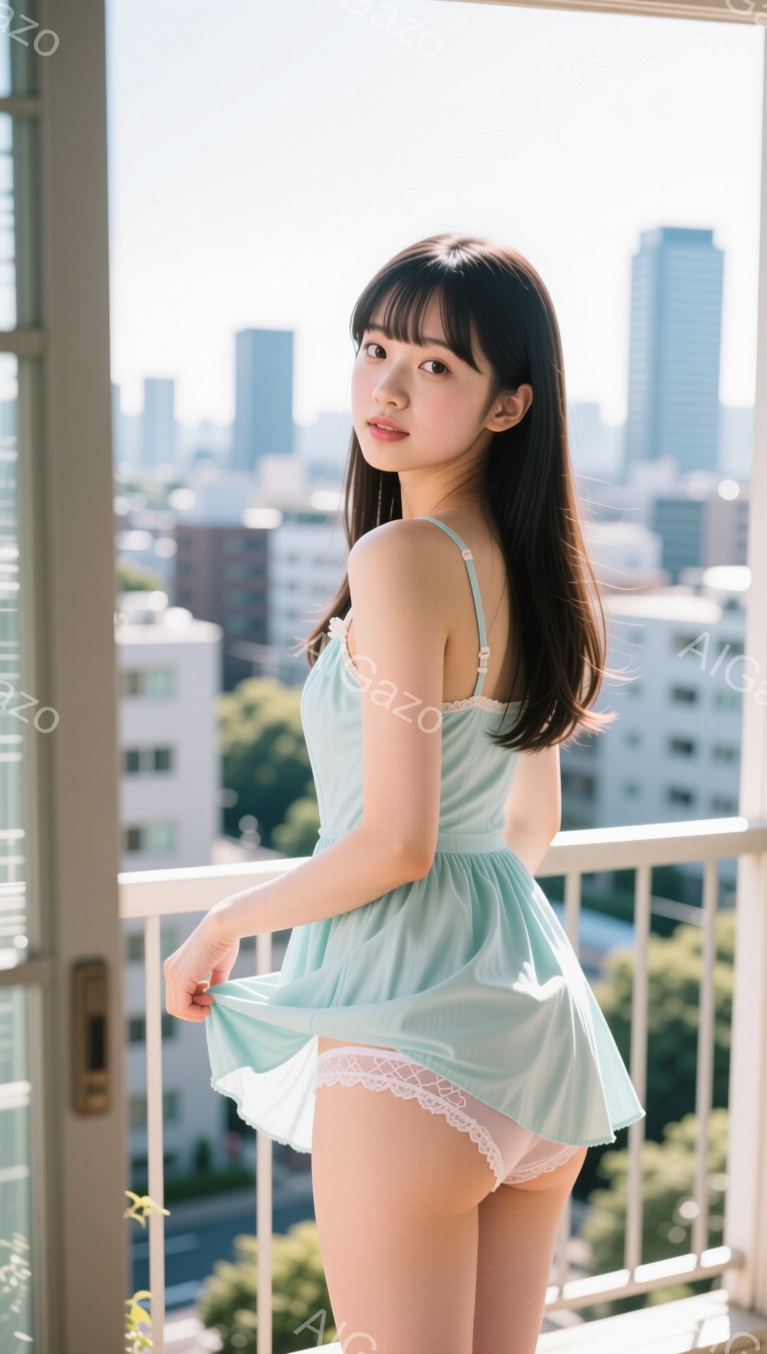 黒髪のロングヘアに前髪が少しだけかかる女性が、薄い水色のキャミソールワンピースを着ています。彼女は片手でスカートを持ち上げ、微笑みを浮かべています。背景には高層ビル群が広がり、晴れた空と緑豊かな風景が見え、明るく爽やかな雰囲気が漂っています。