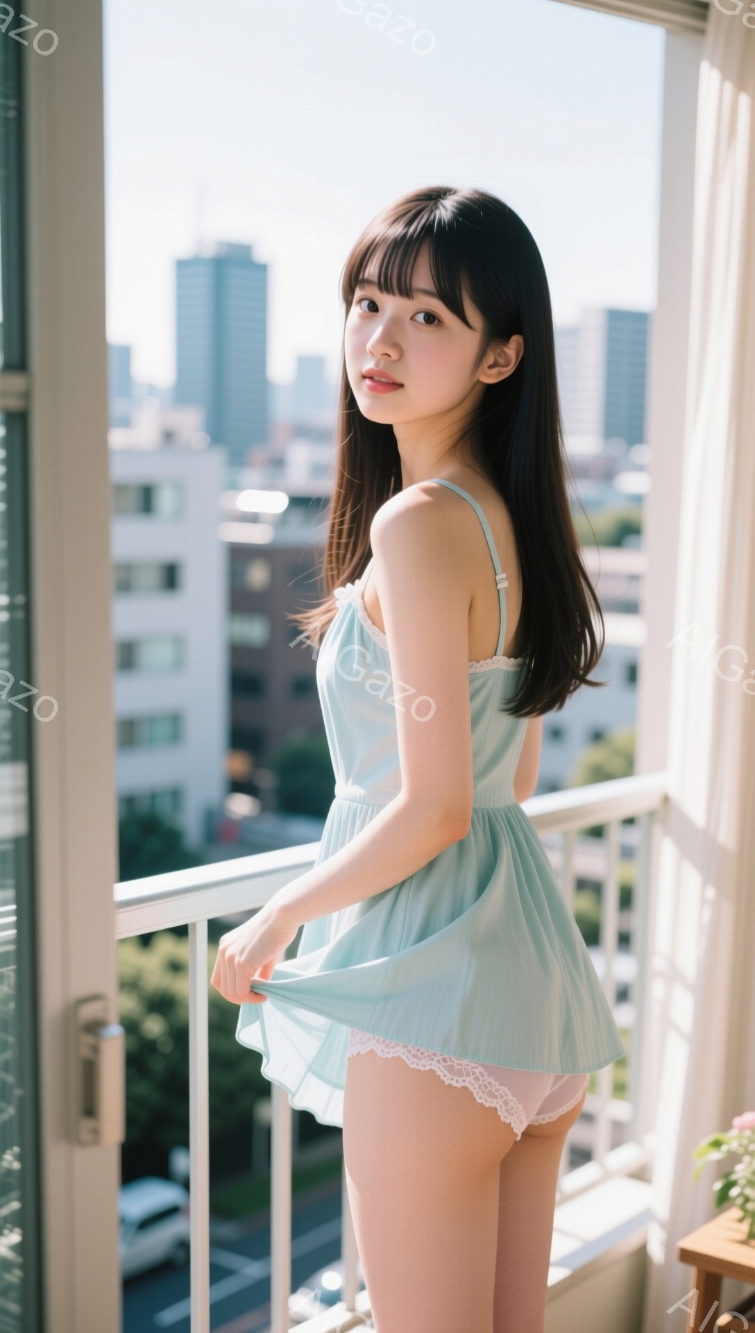 長い黒髪で前髪が目に少しかかる女性が、水色のキャミソールワンピースを着てバルコニーに立っています。彼女はスカートの裾を少し持ち上げており、表情は穏やかで微笑んでいます。背景には高層ビル群が広がり、晴れた空と白い雲が広がっており、爽やかな雰囲気が漂っています。