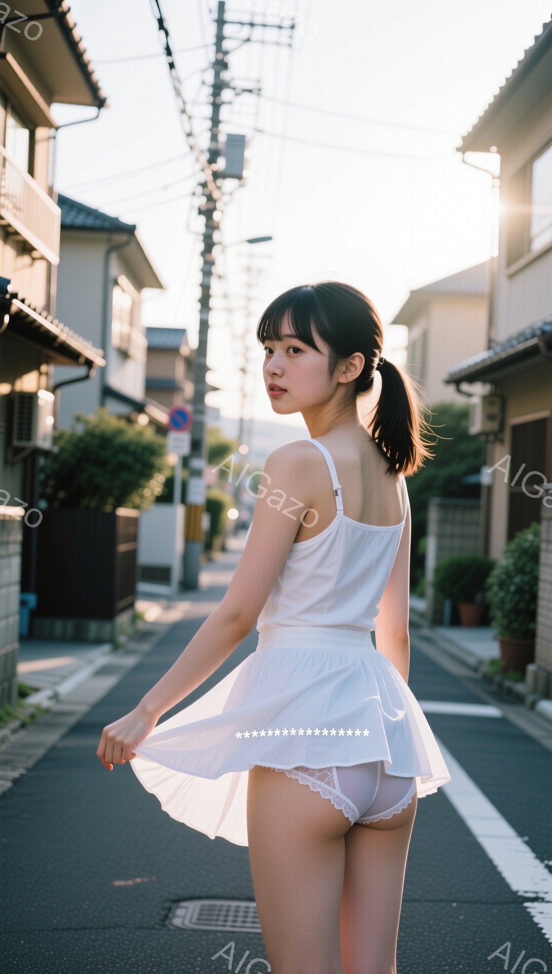 白いキャミソールワンピースを着た若い女性が、狭い路地でポーズをとっています。彼女は髪をポニーテールにし、振り返りながら微笑んでいます。背景には日本の住宅街が広がり、日差しが差し込み、暖かい雰囲気を作り出しています。