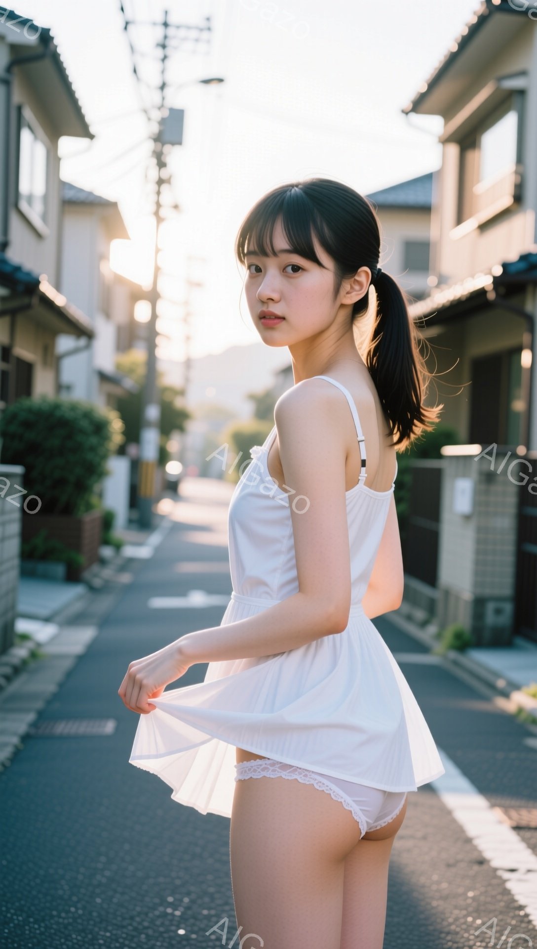 白いキャミソールワンピースを着た若い女性が、住宅街の路地でポーズをとっています。彼女は髪をポニーテールにし、少し微笑んでいます。背景には日本の住宅と電柱が見え、晴れた日の暖かい光が差し込んでいます。