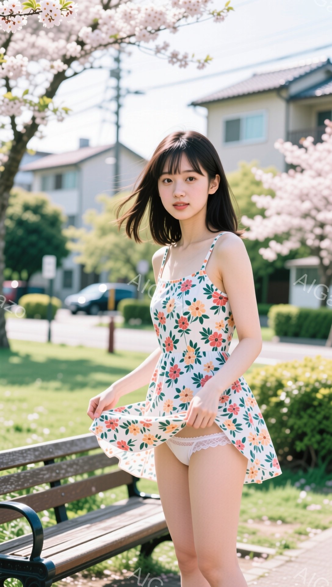 花柄のワンピースを着た若い女性が、公園のベンチのそばに立っている。彼女は黒髪で前髪が目に少しかかり、微笑んでいる。背景には桜の木、緑の芝生、住宅が広がり、晴れた日の穏やかな春の雰囲気を感じさせる。