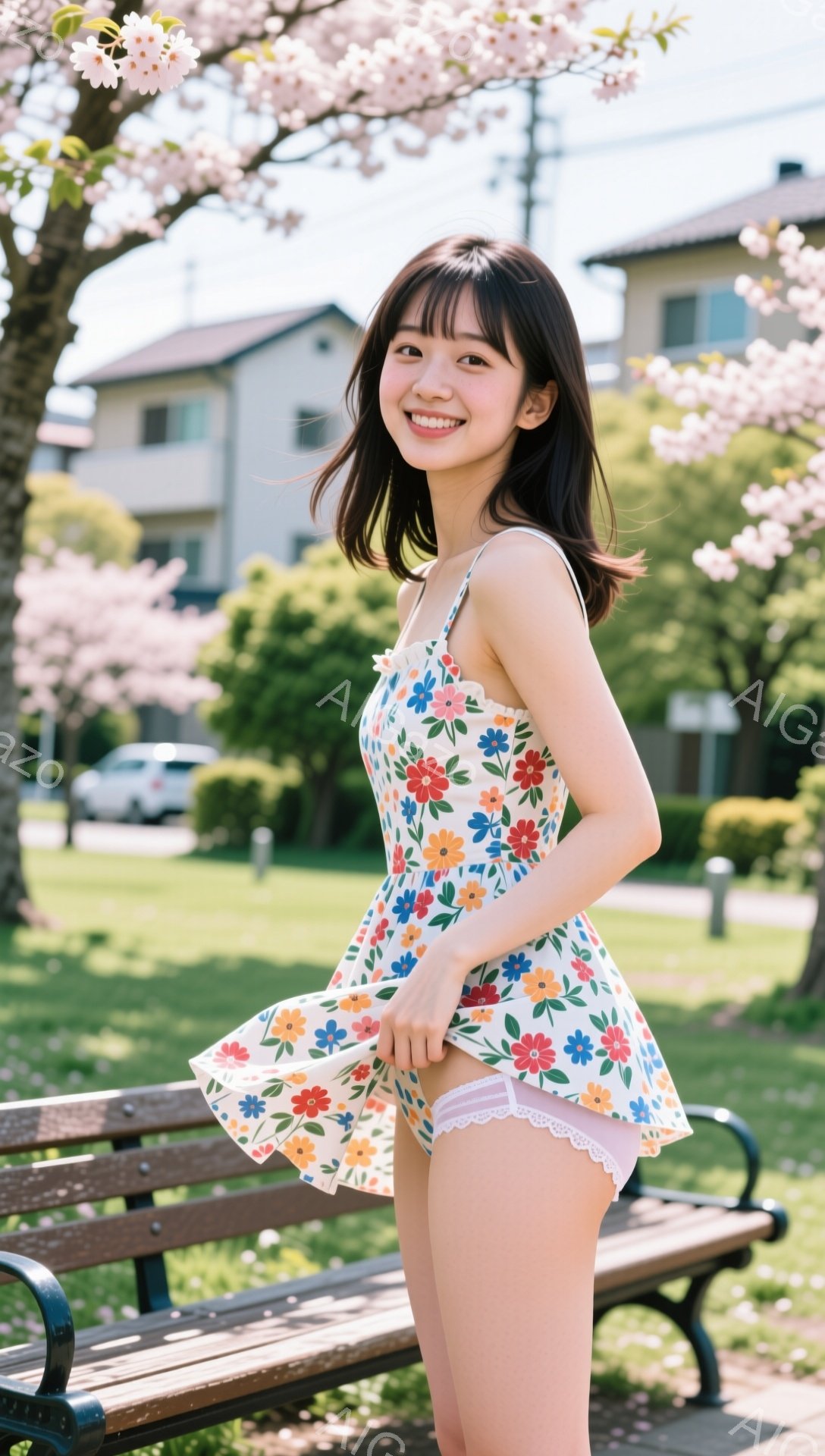 明るい日差しの中、花柄のワンピースを着た若い女性が写っている。彼女はワンピースの裾を持ち上げ、少しいたずらっぽい笑顔を浮かべており、明るい茶色の髪は肩にかかっている。背景には桜の木や住宅、ベンチが見え、春の穏やかな雰囲気が漂っている。